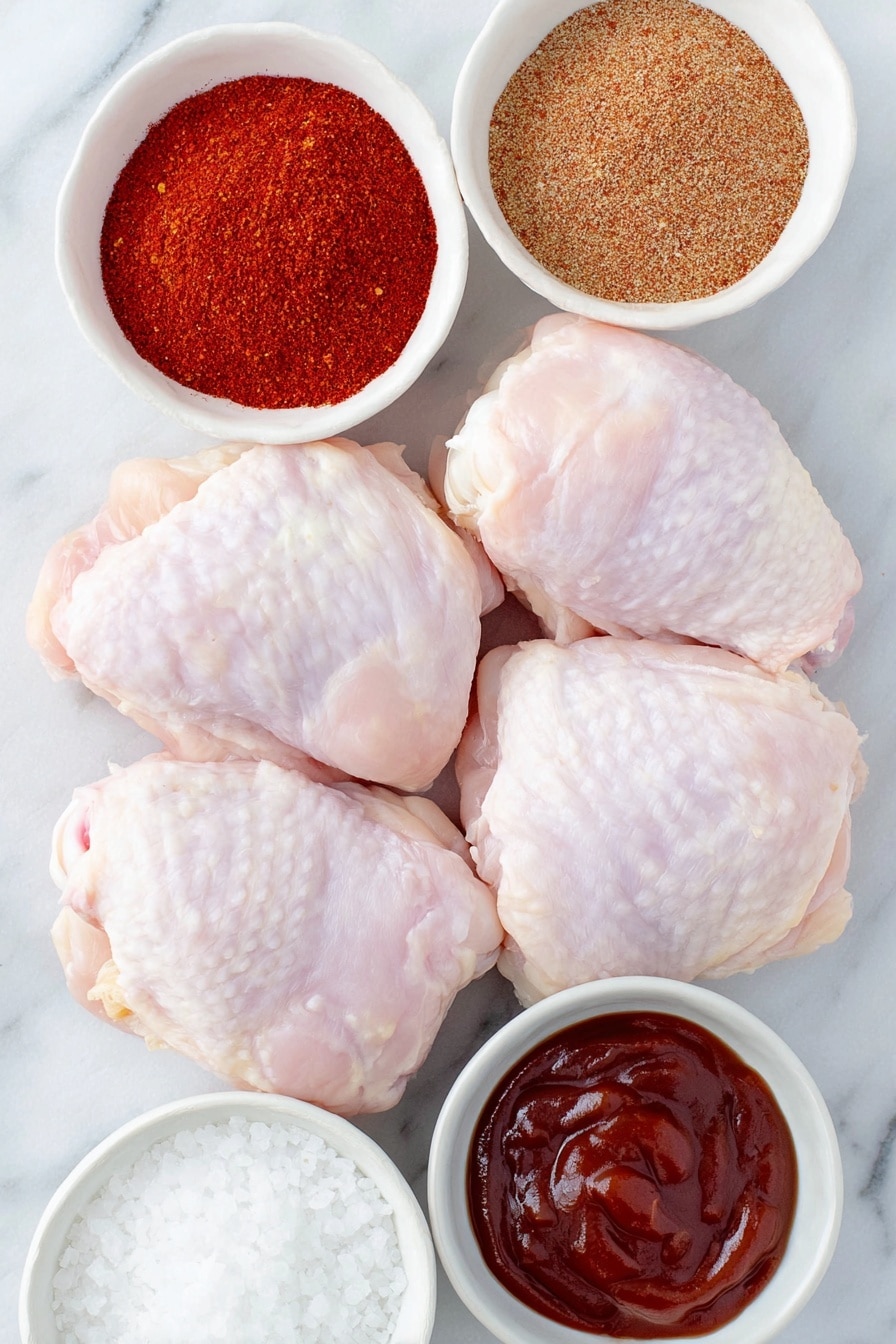 Crockpot BBQ Chicken Drumsticks Recipe 7 Flat lay of fresh raw chicken drumsticks with smooth skin arranged symmetrically, a small white ceramic bowl of vibrant red paprika powder, a small white ceramic bowl of warm brown cumin powder, a small white ceramic bowl of fine white garlic salt crystals, and two small white ceramic bowls each filled with rich dark reddish-brown barbecue sauce placed neatly, all ingredients placed on a clean white marble surface, soft natural light, photo taken with an iPhone, professional food photography style, fresh ingredients, white ceramic bowls, no bottles, no duplicates, no utensils, no packaging --ar 2:3 --v 7 --p m7354615311229779997 - Crockpot BBQ Chicken Drumsticks, easy crockpot chicken recipes, beginner-friendly slow cooker chicken, juicy chicken drumsticks, flavorful crockpot dinner