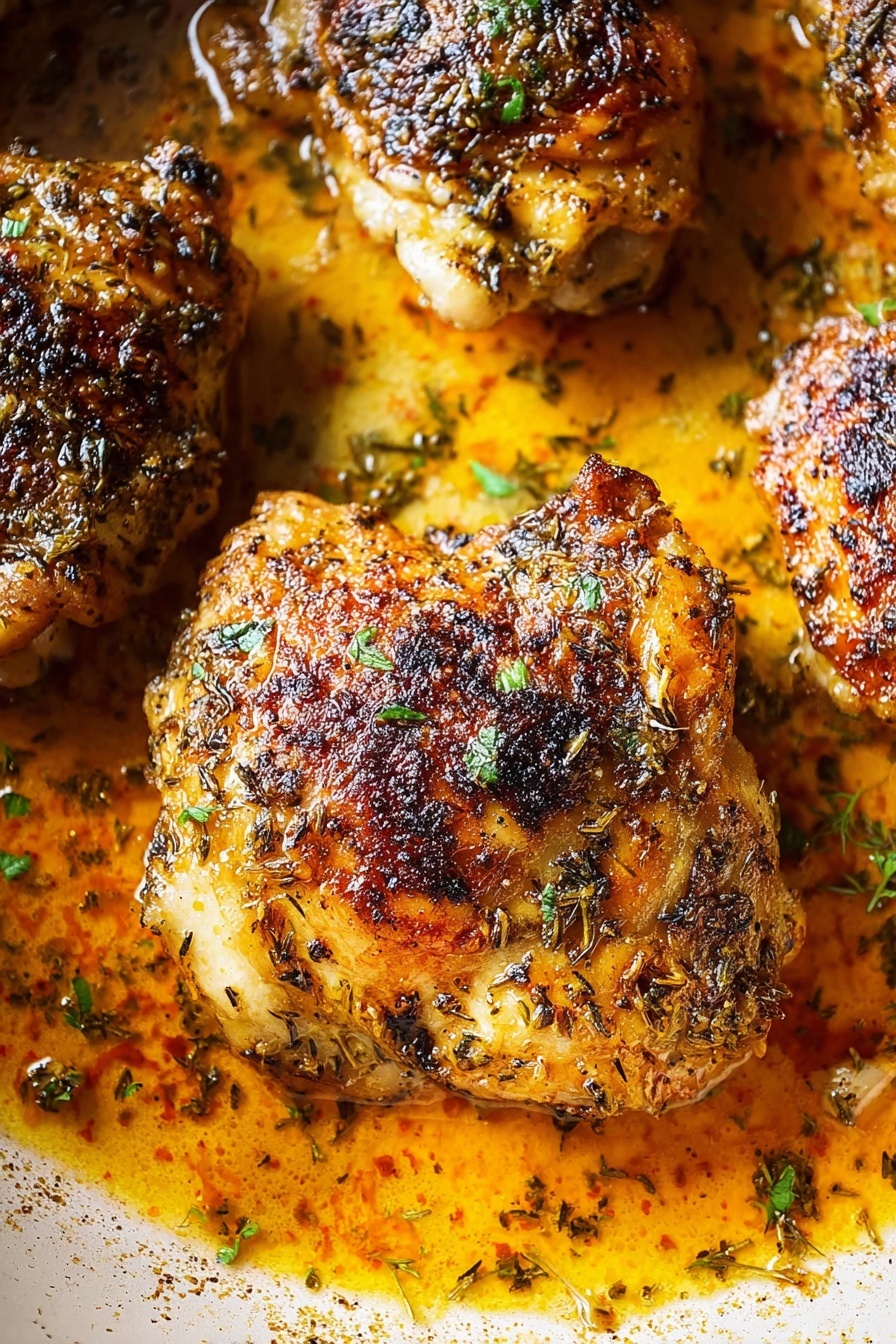 A close-up image shows five pieces of cooked chicken thighs in a white pan, with one large piece centered. The chicken skin is golden brown with crispy, charred black spots, and a textured surface of seasoning. The chicken sits in a thin orange sauce, dotted with herbs and oil, giving a shiny and slightly oily look. Small green herb bits are sprinkled on top, adding contrast to the warm, orange sauce and browned chicken. The white marbled surface is faintly visible around the pan edges. photo taken with an iphone --ar 2:3 --v 7 - Oven Baked Chicken Thighs, crispy oven baked chicken, juicy chicken thigh recipe, easy chicken dinner, healthy baked chicken