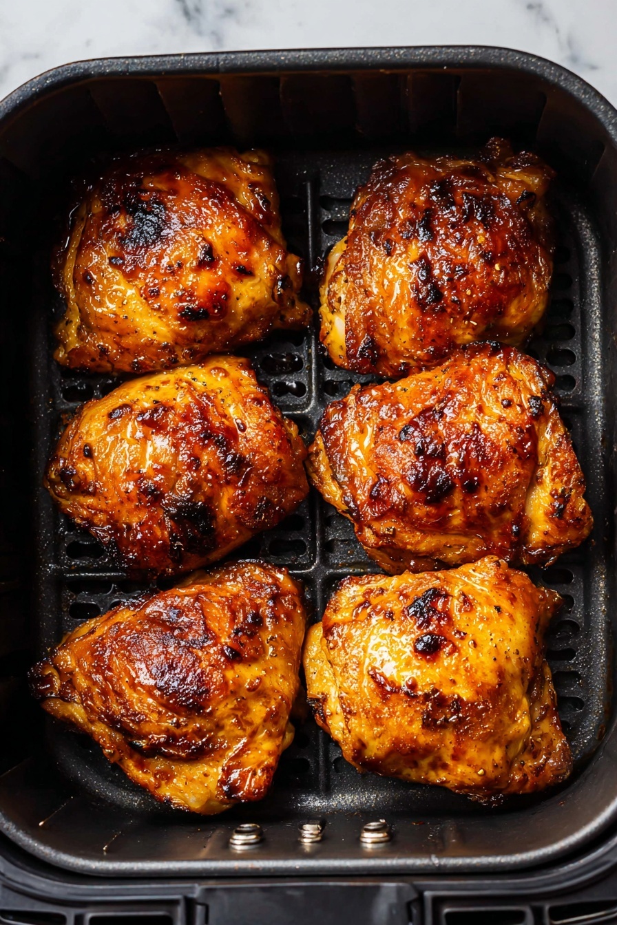 The image shows six pieces of cooked chicken thighs arranged neatly in two rows inside a black air fryer tray. Each piece has a crispy golden-brown skin with darker charred spots, giving a textured look of roasted and slightly caramelized meat. The chicken pieces are plump and juicy with a shiny, glazed surface that suggests a flavorful coating. The tray has small perforations visible beneath the chicken. The photo background is a white marbled texture. photo taken with an iphone --ar 2:3 --v 7 - Air Fryer BBQ Chicken Thighs, BBQ Chicken Thighs, Air Fryer Chicken Recipes, Easy Chicken Dinner, Juicy Chicken Thighs