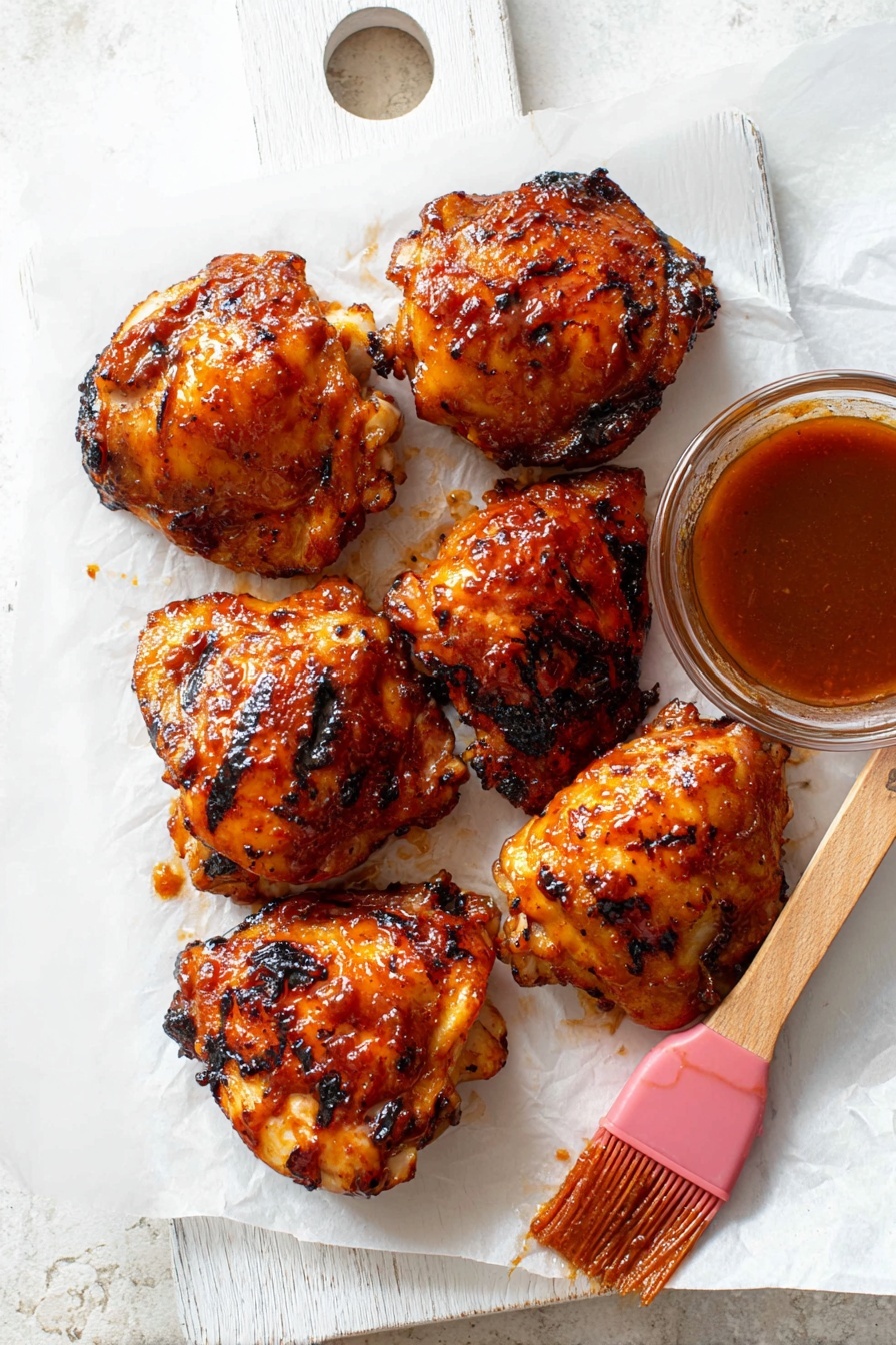 Air Fryer BBQ Chicken Thighs Recipe 8 Five pieces of grilled chicken thighs sit close together on white parchment paper over a white cutting board with a handle cutout at the top left. Each piece is coated with a shiny, reddish-brown glaze with some darker charred spots, giving a textured, slightly crispy look. To the right, there is a small clear glass bowl filled with a smooth, dark reddish-brown sauce. A wooden brush with a pink silicone tip rests on the cutting board, its tip touching the sauce. The whole scene is placed on a white marbled surface. photo taken with an iphone --ar 2:3 --v 7 - Air Fryer BBQ Chicken Thighs, BBQ Chicken Thighs, Air Fryer Chicken Recipes, Easy Chicken Dinner, Juicy Chicken Thighs