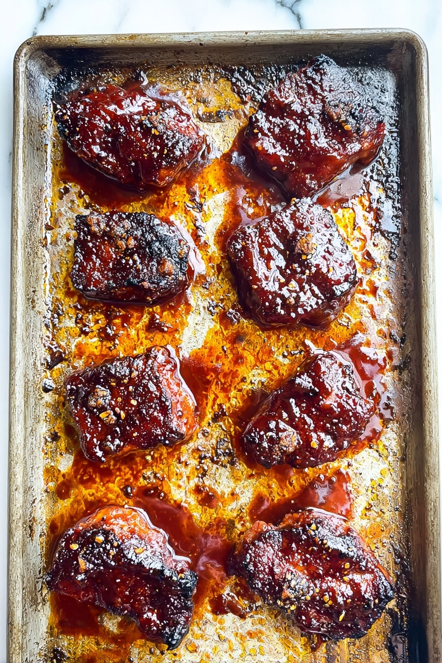 The image shows a baking tray with eight pieces of cooked meat glazed with a shiny, dark reddish sauce. Each piece of meat is placed in its own square section on the tray, and the sauce looks thick and sticky, covering the tops mostly. The tray underneath shows browned and slightly burnt spots with orange oily residues around each meat piece. The meat has a rough texture with some charred edges, contrasting with the smooth glaze. The background is a white marbled texture. photo taken with an iphone --ar 2:3 --v 7 - Oven Baked Barbecue Chicken Thighs, baked barbecue chicken, easy chicken thigh recipes, oven chicken dinner, flavorful chicken thighs