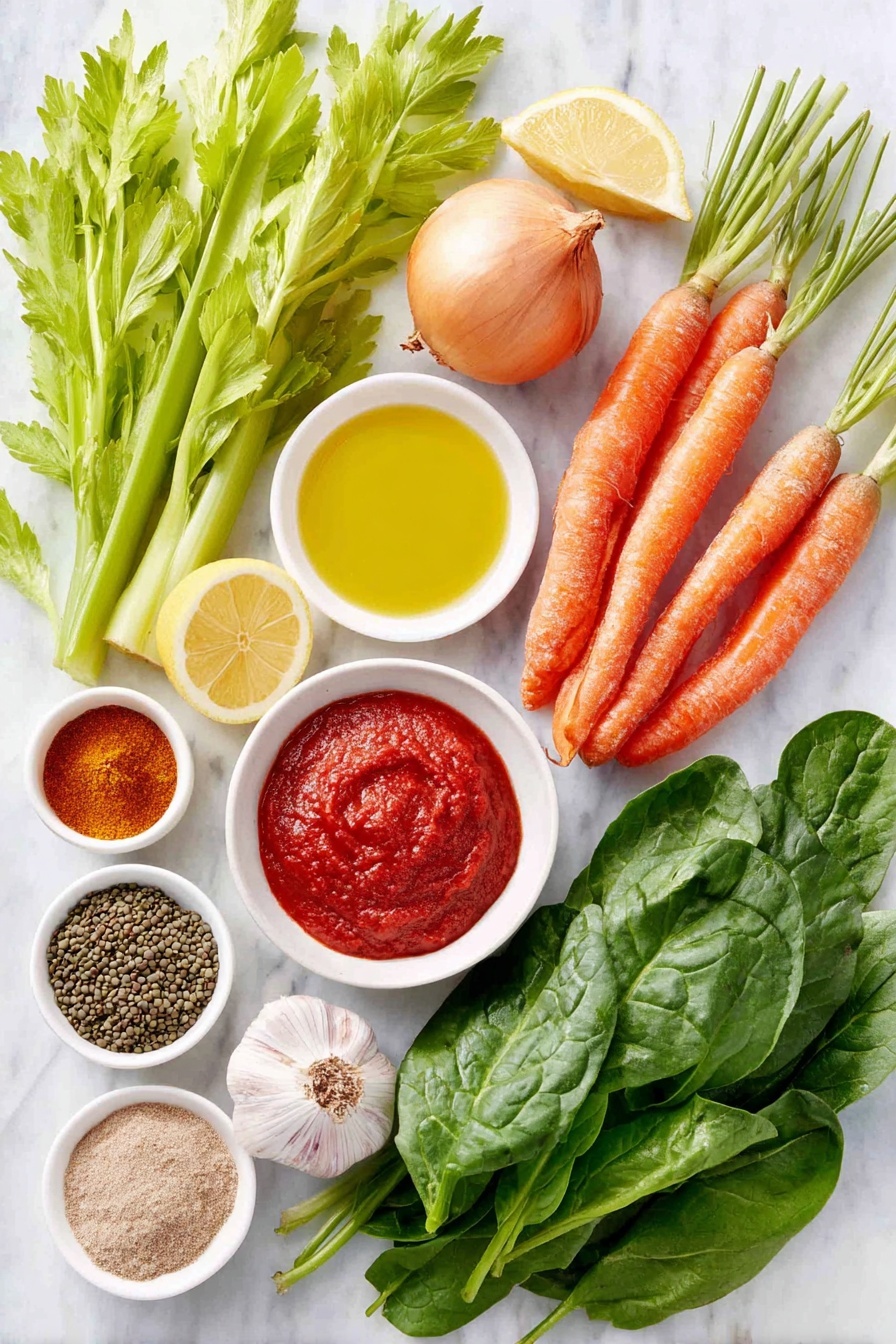 Mediterranean Lentil Soup Recipe 7 Flat lay of a small white ceramic bowl of golden olive oil, a whole uncracked brown onion, two bright orange carrots, two fresh celery stalks with leaves, three garlic cloves with papery skins, a small white ceramic bowl of rich red tomato paste, a small white ceramic bowl of ground cumin powder, a small white ceramic bowl of ground coriander powder, a small white ceramic bowl of smoked paprika powder, a small white ceramic bowl of dried oregano leaves, a small white ceramic bowl of green lentils, a small white ceramic bowl of vegetable broth, a single fresh bay leaf, two ripe fresh tomatoes quartered, a small bunch of fresh green spinach leaves, one whole lemon, a small white ceramic bowl of coarse salt, a small white ceramic bowl of cracked black pepper, and a few sprigs of fresh flat-leaf parsley arranged symmetrically, placed on a clean white marble surface, soft natural light, photo taken with an iPhone, professional food photography style, fresh ingredients, white ceramic bowls, no bottles, no duplicates, no utensils, no packaging --ar 2:3 --v 7 --p m7354615311229779997 - Mediterranean Lentil Soup, healthy lentil soup recipe, easy Mediterranean soup, nourishing vegetarian soup, flavorful lentil stew