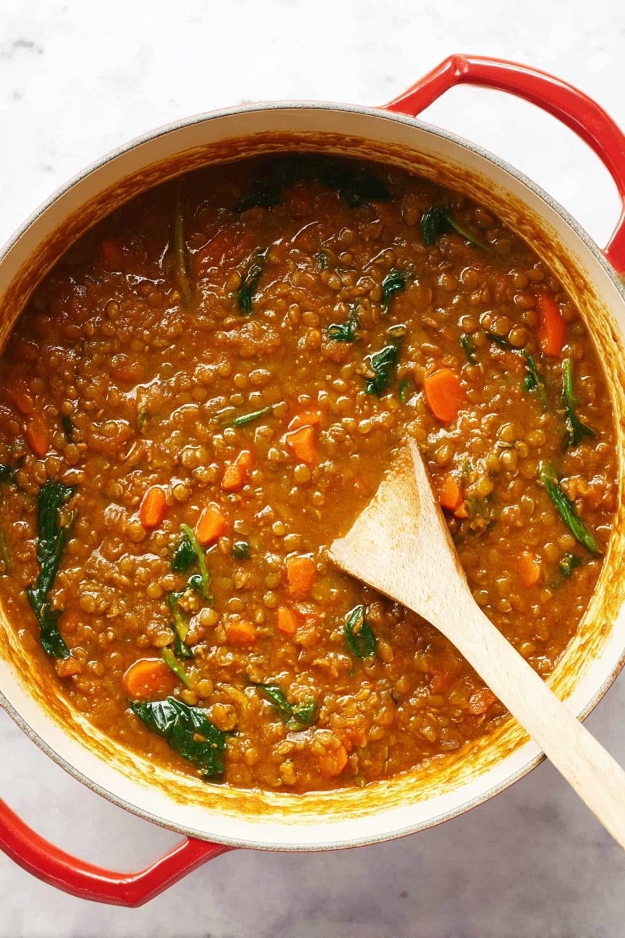 A white pot with red handles holds thick brown lentil stew with visible orange carrot pieces and green spinach leaves mixed in. A light wooden spoon rests inside the stew, stirring it gently. The stew has a rich texture and looks hot and hearty. The pot sits on a white marbled surface. photo taken with an iphone --ar 2:3 --v 7 - Detox Moroccan Lentil Soup, Moroccan Lentil Soup, Healthy Lentil Soup, Spiced Lentil Soup, Nourishing Detox Soup