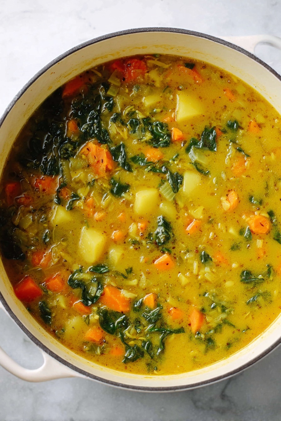 A large white pot filled with thick yellow soup that has visible chunks of orange carrots, light yellow potatoes, and dark green leafy vegetables mixed throughout the soup. The soup has a slightly shiny texture, showing it is warm and freshly cooked. The pot sits on a white marbled surface, seen from above with the handle of the pot visible on the left side. photo taken with an iphone --ar 2:3 --v 7 - Immune Boosting Lentil Soup, healthy lentil soup, quick immune-boosting soup, nourishing comfort food, immune system support recipes
