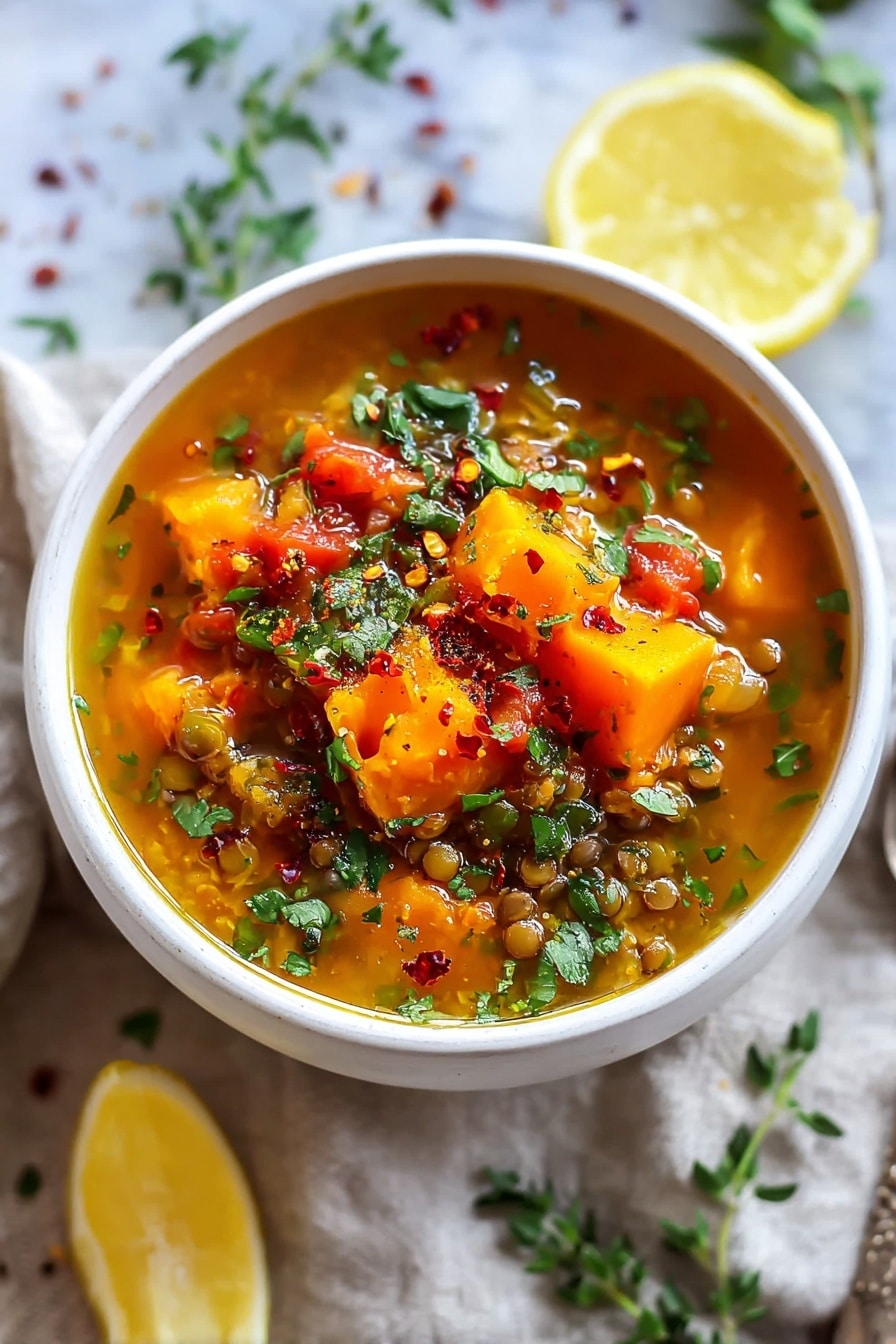 Red Lentil Soup with Veggies and Herbs Recipe 6 A white bowl is filled with a colorful vegetable soup with about three main layers. The bottom layer is a clear orange broth, resting at the base. Large bright orange cubes of cooked pumpkin and chunks of tomato form the middle layer, mixed with small bits of onion and lentils. The top layer has chopped fresh green herbs sprinkled all over, with tiny red chili flakes giving spots of deep red color. The bowl sits on a light fabric with lemon wedges and green herbs around it on a white marbled surface. Photo taken with an iphone --ar 2:3 --v 7 - Red Lentil Soup with Veggies and Herbs, hearty vegan lentil soup, quick healthy lentil soup recipe, comforting vegetable lentil soup, easy plant-based soup