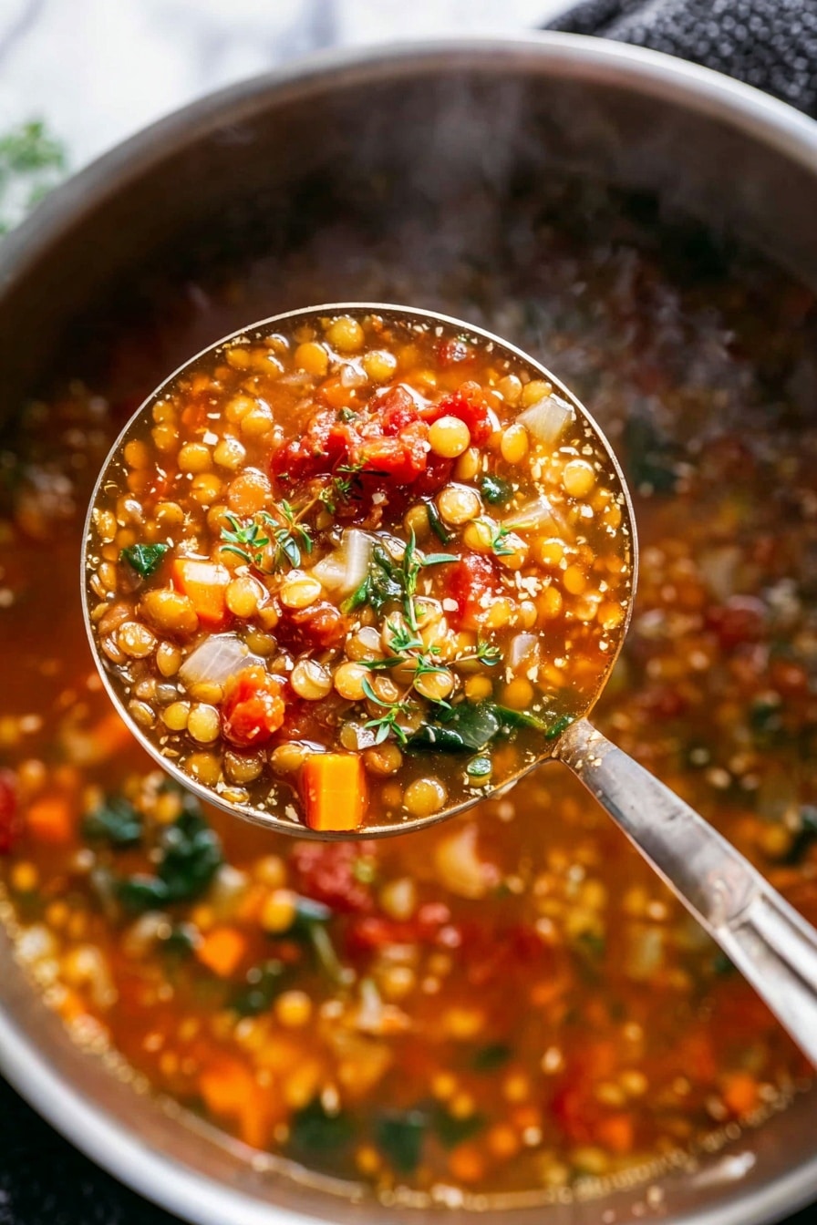 Italian Lentil Soup Recipe 6 A close-up of a ladle full of hearty lentil soup held above a large metal pot. The soup has multiple layers of texture and color: small light brown lentils, bright orange carrot cubes, red tomato pieces, and small chunks of translucent onion, all floating in a rich, clear reddish broth. There are also visible greens, likely herbs or spinach, adding flecks of dark green throughout. The metal ladle shows some reflection and slight color stains from the soup, with steam rising softly from the pot in the background, which sits on a black cloth on top of a white marbled texture. Photo taken with an iphone --ar 2:3 --v 7 - Italian Lentil Soup, hearty lentil soup, easy lentil soup recipe, comforting Italian soup, healthy lentil soup