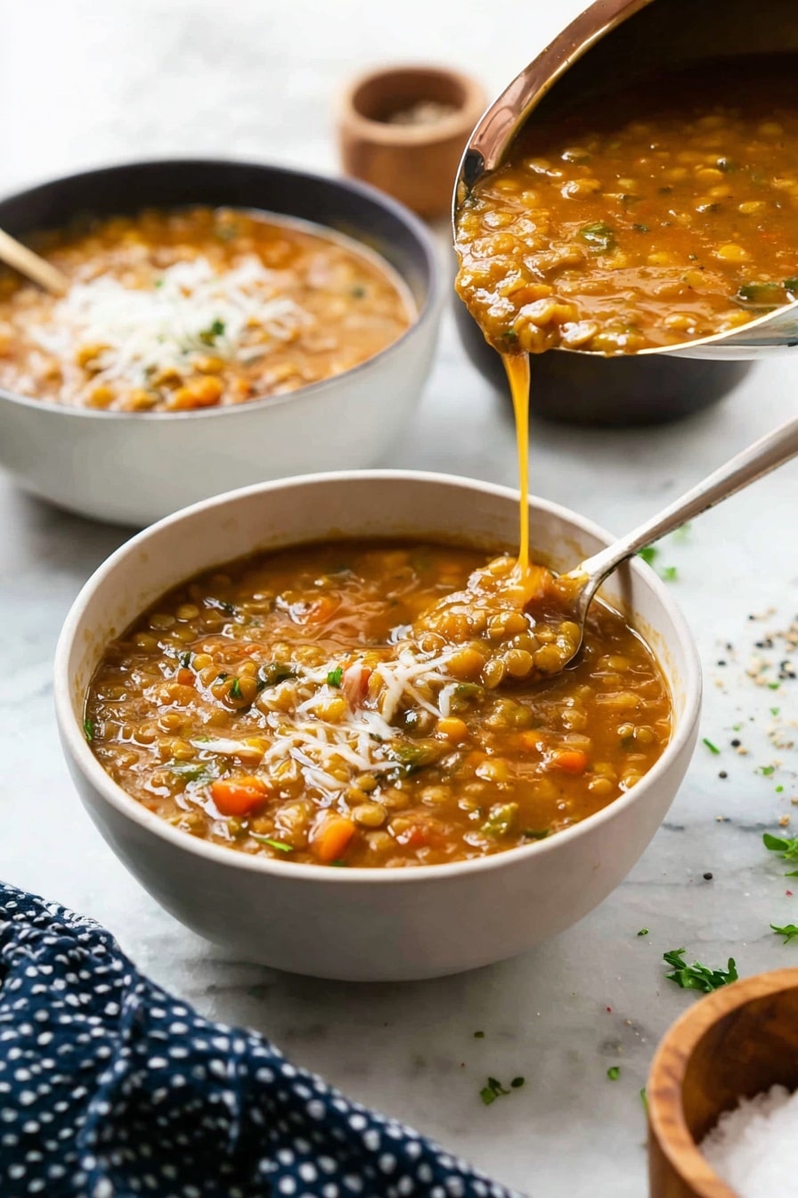 Italian Lentil Soup Recipe 8 A still image shows two white bowls filled with thick brown lentil soup with visible pieces of orange carrots, green herbs, and lentils. In the front bowl, a spoon with melted cheese on top dips into the soup, while in the back bowl, a metal ladle pours more soup into it, showing the soup dripping with rich texture and bits of vegetables. The bowls rest on a white marbled surface, with small wooden bowls holding salt and pepper blurred in the background, along with a small black bowl filled with white rice and some green herbs scattered around. A dark blue cloth with white dots is partly visible in the bottom left corner. photo taken with an iphone --ar 2:3 --v 7 - Italian Lentil Soup, hearty lentil soup, easy lentil soup recipe, comforting Italian soup, healthy lentil soup