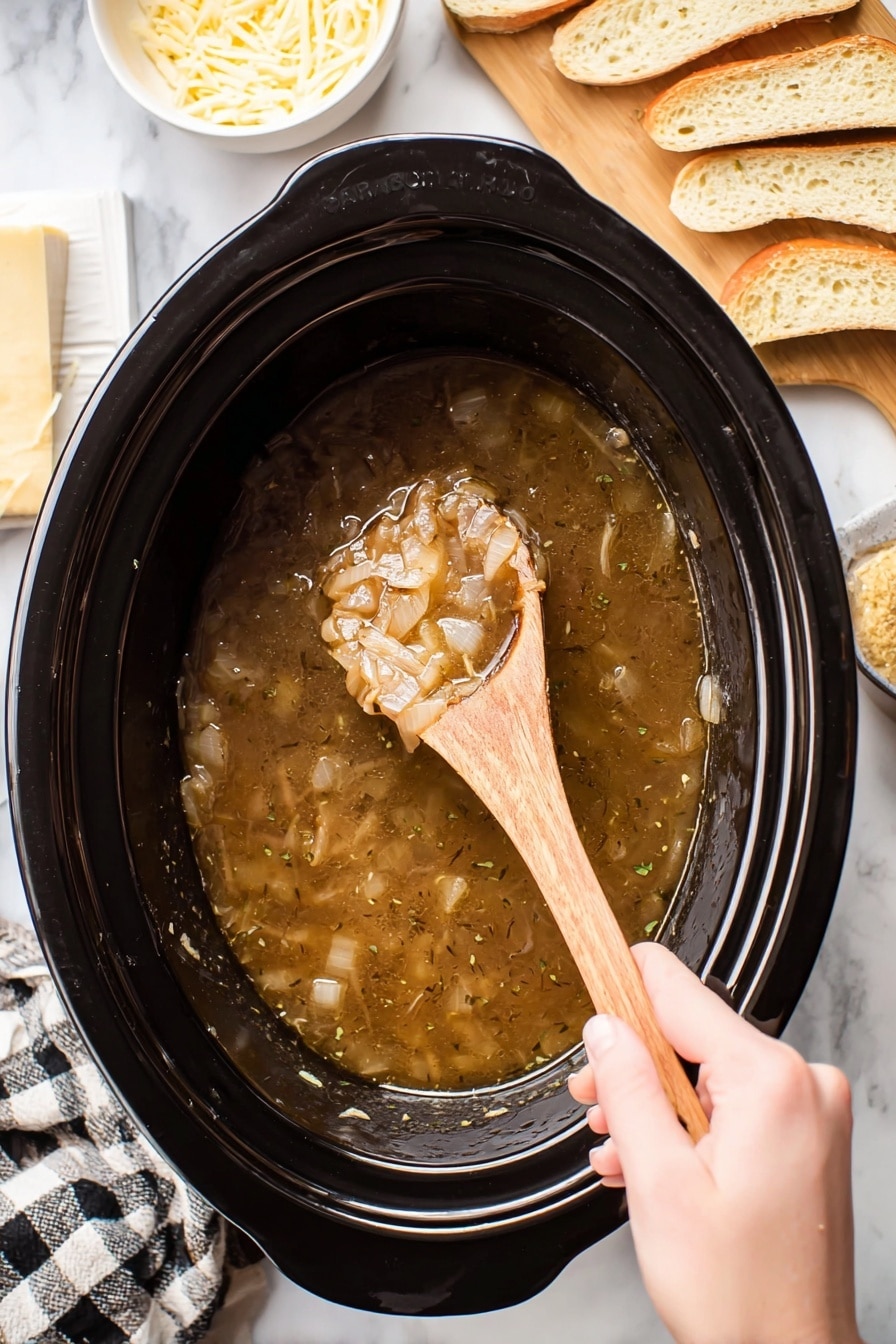 Slow Cooker French Onion Soup Recipe 8 A black slow cooker filled with light brown onion soup liquid with small pieces of translucent cooked onions floating in it. A woman's hand is holding a wooden spoon above the soup, scooping up the onions and broth, showing the texture of the onions and some herbs mixed in. Surrounding the slow cooker on a white marbled surface are slices of toasted bread to the upper right, thin pale yellow slices of cheese to the upper left, a small white bowl with shredded cheese above the slow cooker, and a folded checkered towel under the slow cooker’s left side. Photo taken with an iphone --ar 2:3 --v 7 - Slow Cooker French Onion Soup, French Onion Soup, Easy French Onion Soup, Crockpot Onion Soup, Homemade French Onion Soup