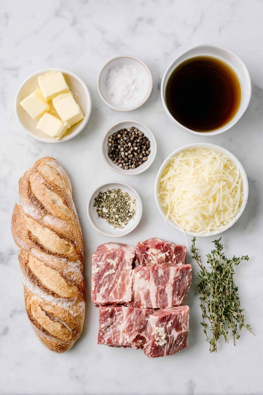Instant Pot French Onion Soup with Cheese Recipe 7 Flat lay of two tablespoons of butter, a pile of thinly sliced yellow onions, a small white bowl of coarse salt, a small white bowl of black peppercorns, a small white bowl of dried thyme leaves, a small white bowl of flour, a small white bowl filled with deep red wine, a simple white ceramic bowl of rich beef broth, six fresh baguette slices with a crusty golden exterior, a small mound of grated Gruyere cheese—all arranged in perfect symmetry on a clean white marble surface, soft natural light, photo taken with an iPhone, professional food photography style, fresh ingredients, white ceramic bowls, no bottles, no duplicates, no utensils, no packaging --ar 2:3 --v 7 --p m7354615311229779997 - Instant Pot French Onion Soup with Cheese, French Onion Soup, Instant Pot Onion Soup, Easy French Onion Soup, Chees topped Onion Soup