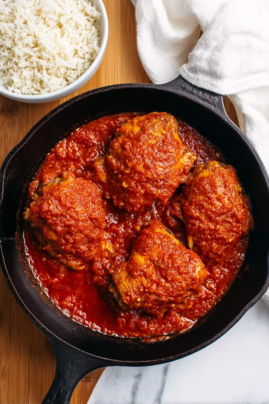 Spicy Nigerian Chicken Stew Recipe 6 The image shows a black cast iron pan filled with four large pieces of cooked chicken covered in a thick, bright red tomato sauce with a textured surface. The pan is placed on a light wooden table next to a white bowl filled with white rice. A white cloth is partially visible at the top right corner, and the background has a white marbled texture. The pan's handle extends towards the bottom of the image. photo taken with an iphone --ar 2:3 --v 7 - Spicy Nigerian Chicken Stew, Nigerian Chicken Stew, Nigerian stew recipe, Nigerian chicken dishes, hot Nigerian chicken stew