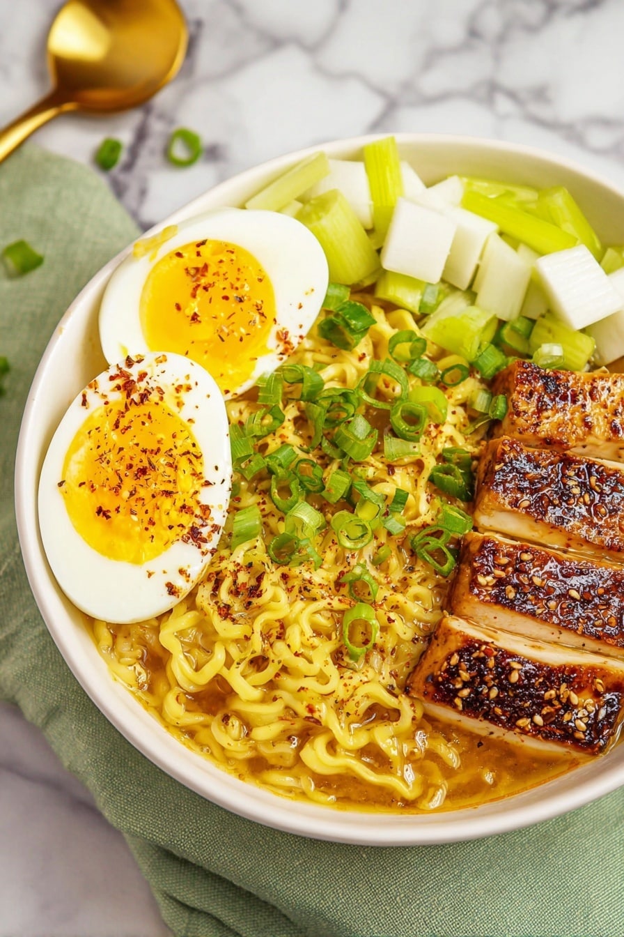 Quick and Delicious Chicken Ramen Recipe 8 The image shows a white bowl filled with three main layers: at the bottom, bright yellow noodles mixed with broth, topped with chopped green onions scattered all over; to the side, a sliced piece of dark golden-brown grilled tofu sprinkled with white sesame seeds; next to the tofu, two halves of a hard-boiled egg with bright yellow yolks sprinkled with black pepper and chili flakes; behind these, pale green celery and white radish pieces are placed. The bowl sits on a pale green cloth on a white marbled surface, with a gold soup spoon resting nearby. Photo taken with an iphone --ar 2:3 --v 7 - Quick and Delicious Chicken Ramen, quick ramen recipe, easy chicken ramen, homemade chicken ramen, flavorful ramen bowl