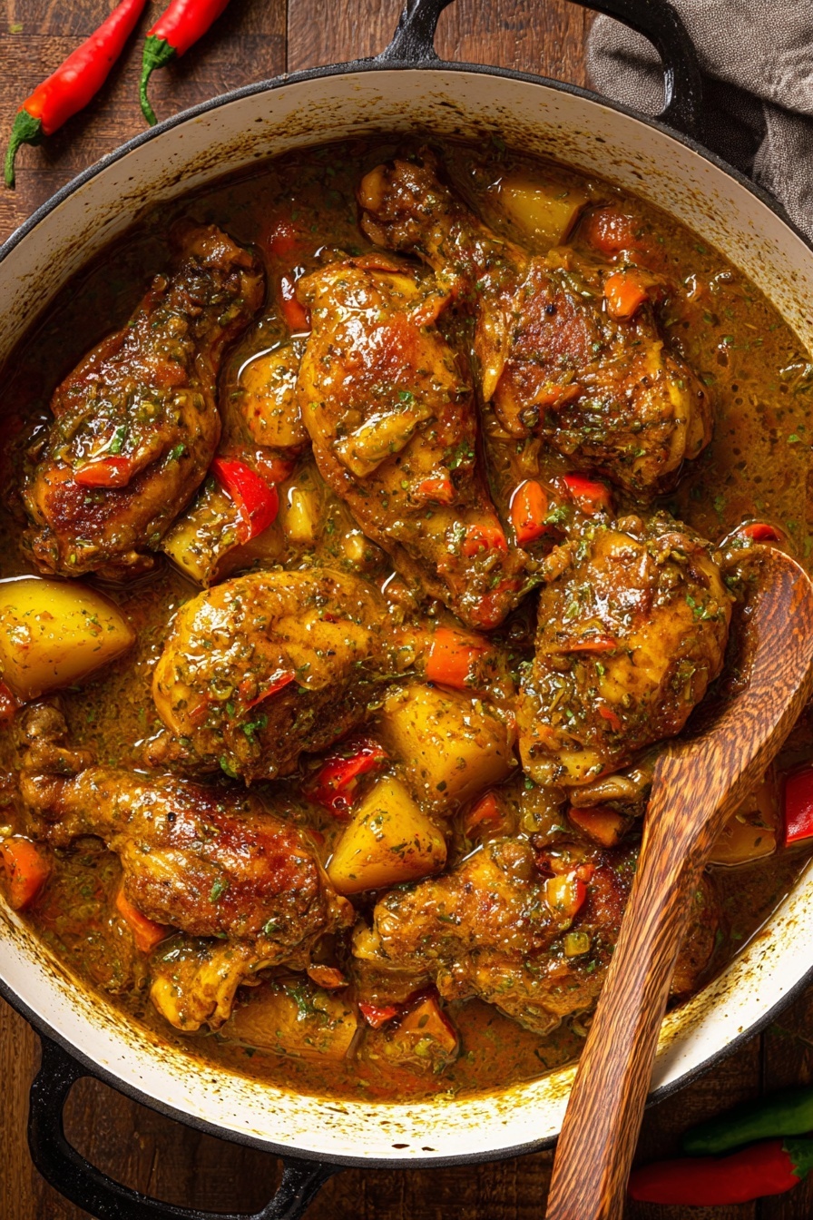 Jamaican Curry Chicken Recipe 6 The image shows a white pot filled with a rich stew. There are about ten pieces of brown cooked chicken with a thick, shiny sauce covering them. Around the chicken, there are chunks of yellow potatoes, orange carrot slices, and bits of red and green vegetables mixed in the sauce. The sauce looks thick with visible herbs and spices giving it a textured, slightly oily surface. On the right edge of the pot, there is a wooden spoon resting inside the stew. The pot is sitting on a wooden surface with a few small red and green peppers nearby. photo taken with an iphone --ar 2:3 --v 7 - Jamaican Curry Chicken, Jamaican Curry Chicken authentic, Jamaican curry chicken recipe, Caribbean chicken curry, spicy Jamaican chicken