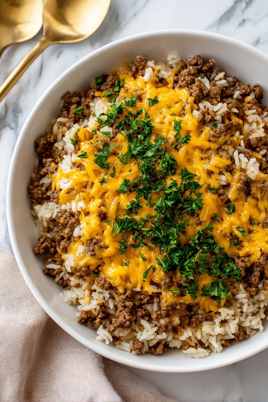 A white bowl filled with a mix of cooked white rice and browned ground meat, topped with melted yellow cheddar cheese that spreads slightly on the surface, and garnished with fresh green chopped parsley. The dish has a crumbly and soft texture with contrasting colors of brown, white, yellow, and green. The bowl sits on a white marbled surface, with a beige napkin at the bottom left and two gold spoons placed in the top left corner. Photo taken with an iphone --ar 2:3 --v 7 - Cheesy Beef and Rice Casserole, hearty ground beef casserole, easy weeknight dinner ideas, creamy rice and beef bake, comforting casserole recipes