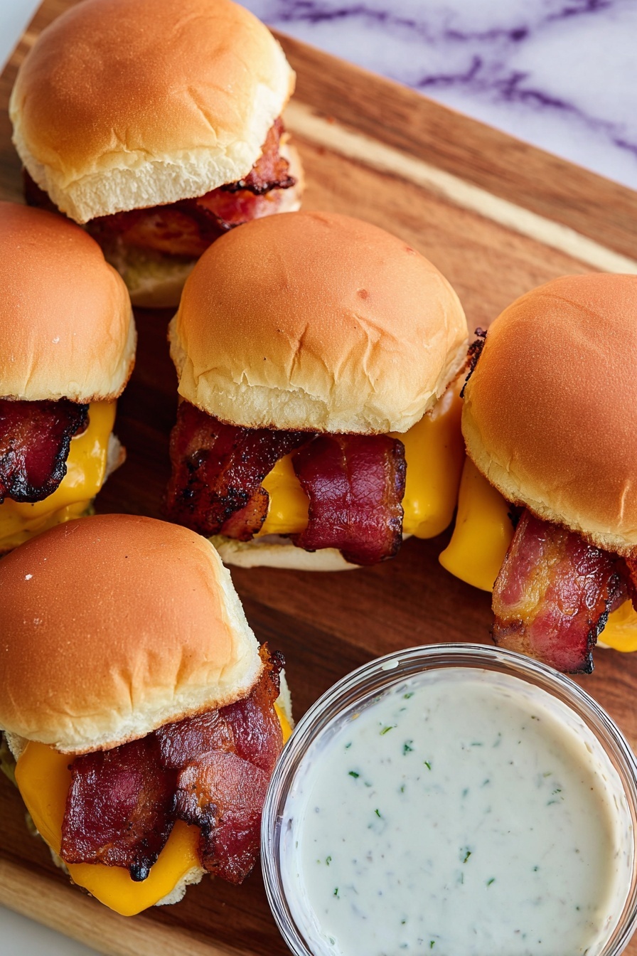 Chicken Bacon Ranch Sliders on Blackstone Griddle Recipe 6 Four small sandwiches are close together on a wooden board. Each sandwich has three layers: a soft, smooth light brown top bun with some wrinkles, a layer of dark red crispy bacon with some charred edges, and melted bright yellow cheese peeking out slightly below the bacon. The bottom bun looks light and soft, matching the top. A clear glass bowl filled with white sauce with green herb flakes sits nearby on the same wooden board. The surface under the board is white marbled. Photo taken with an iphone --ar 2:3 --v 7 - Chicken Bacon Ranch Sliders on Blackstone Griddle, Chicken Bacon Ranch Sliders, Blackstone Griddle Slider Recipes, Easy Chicken Sliders, Game Day Slider Ideas