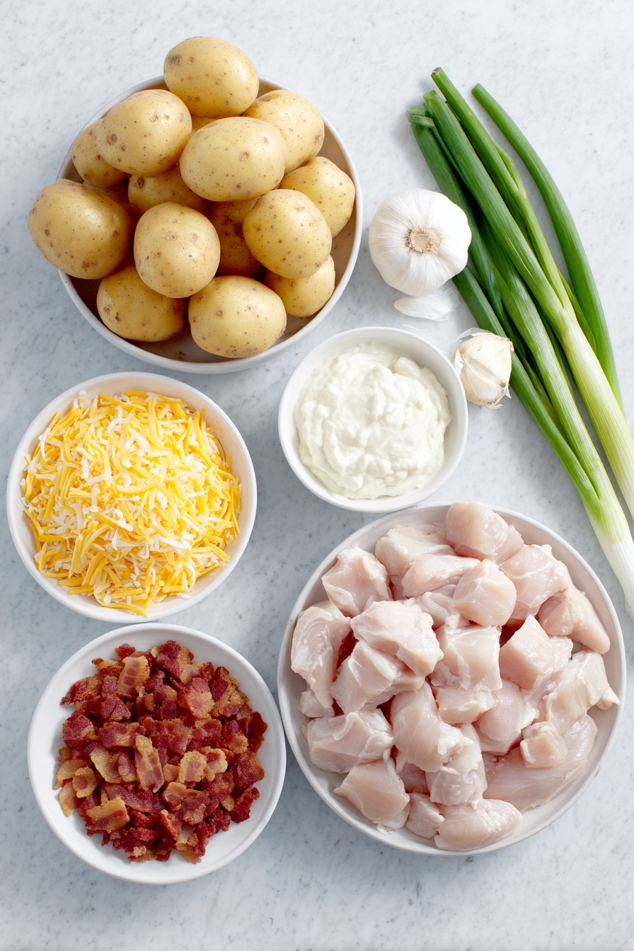 Creamy Chicken Bacon Ranch Casserole Recipe 7 Flat lay of fresh whole Yukon Gold potatoes with smooth yellow skin, raw boneless skinless chicken breasts cut into neat 1-inch cubes, a few cloves of peeled garlic, a small white ceramic bowl filled with creamy ranch dressing, shredded pepper jack cheese with orange and white marbling, shredded sharp cheddar cheese in bright orange, crispy crumbled bacon pieces with a mix of golden brown and reddish hues, a small bunch of vibrant green onion stalks with white bulbs still attached, all arranged on simple white ceramic bowls and plates with perfect symmetry, placed on a clean white marble surface, soft natural light, photo taken with an iPhone, professional food photography style, fresh ingredients, white ceramic bowls, no bottles, no duplicates, no utensils, no packaging --ar 2:3 --v 7 --p m7354615311229779997 - Creamy Chicken Bacon Ranch Casserole, chicken bacon ranch casserole, cheesy chicken dinner, easy weeknight casseroles, comfort food recipes
