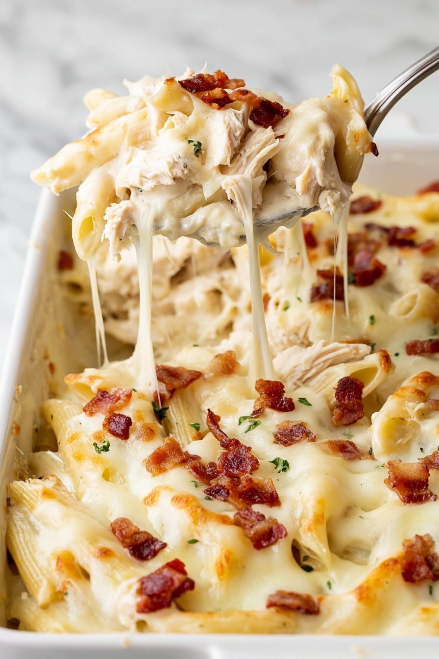 Chicken Bacon Ranch Casserole Recipe 6 The image shows a white rectangular baking dish filled with three layers: the bottom layer is shredded white chicken, the middle layer is penne pasta covered by a creamy light yellow cheese sauce, and the top layer is melted white cheese with scattered small crispy brown bacon pieces. A metal spoon lifts a serving from the dish, showing melted cheese strings stretching between the dish and the spoon. The background is a white marbled surface. photo taken with an iphone --ar 2:3 --v 7 - Chicken Bacon Ranch Casserole, easy chicken casserole, creamy bacon pasta bake, ranch chicken bake, comforting chicken dinner