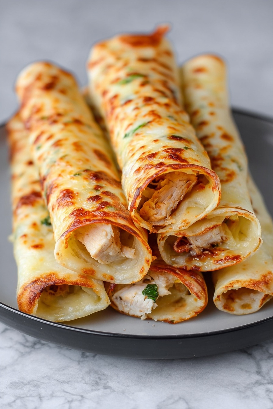 Keto Chicken Bacon Ranch Taquitos Recipe 8 A stack of six rolled cheese wraps is shown on a white plate, placed on a white marbled surface. Each wrap is thin and golden with a slightly bubbly, melted cheese texture on the outside. The wraps have a light brown, crispy edge where the cheese has browned. Inside, tender white chicken pieces and small bits of green herbs peek out from the ends. The wraps are arranged in a slightly scattered pile with some overlapping each other. photo taken with an iphone --ar 2:3 --v 7 - Keto Chicken Bacon Ranch Taquitos, keto snack recipes, low carb taquitos, cheesy keto appetizers, easy keto party snacks