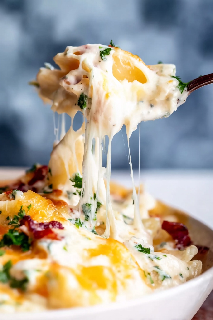 Crack Chicken Penne Skillet Recipe 6 A close-up of a dish with three visible layers: the bottom layer is white penne pasta mixed with small pieces of cooked meat; the middle layer is a creamy white sauce covering the pasta fully; on top is a melted golden-yellow cheese layer with small bits of green parsley sprinkled evenly over. The dish is served in a white plate sitting on a white marbled surface. photo taken with an iphone --ar 2:3 --v 7 - Crack Chicken Penne Skillet, creamy chicken pasta, cheesy skillet dinner, easy weeknight pasta, loaded chicken penne