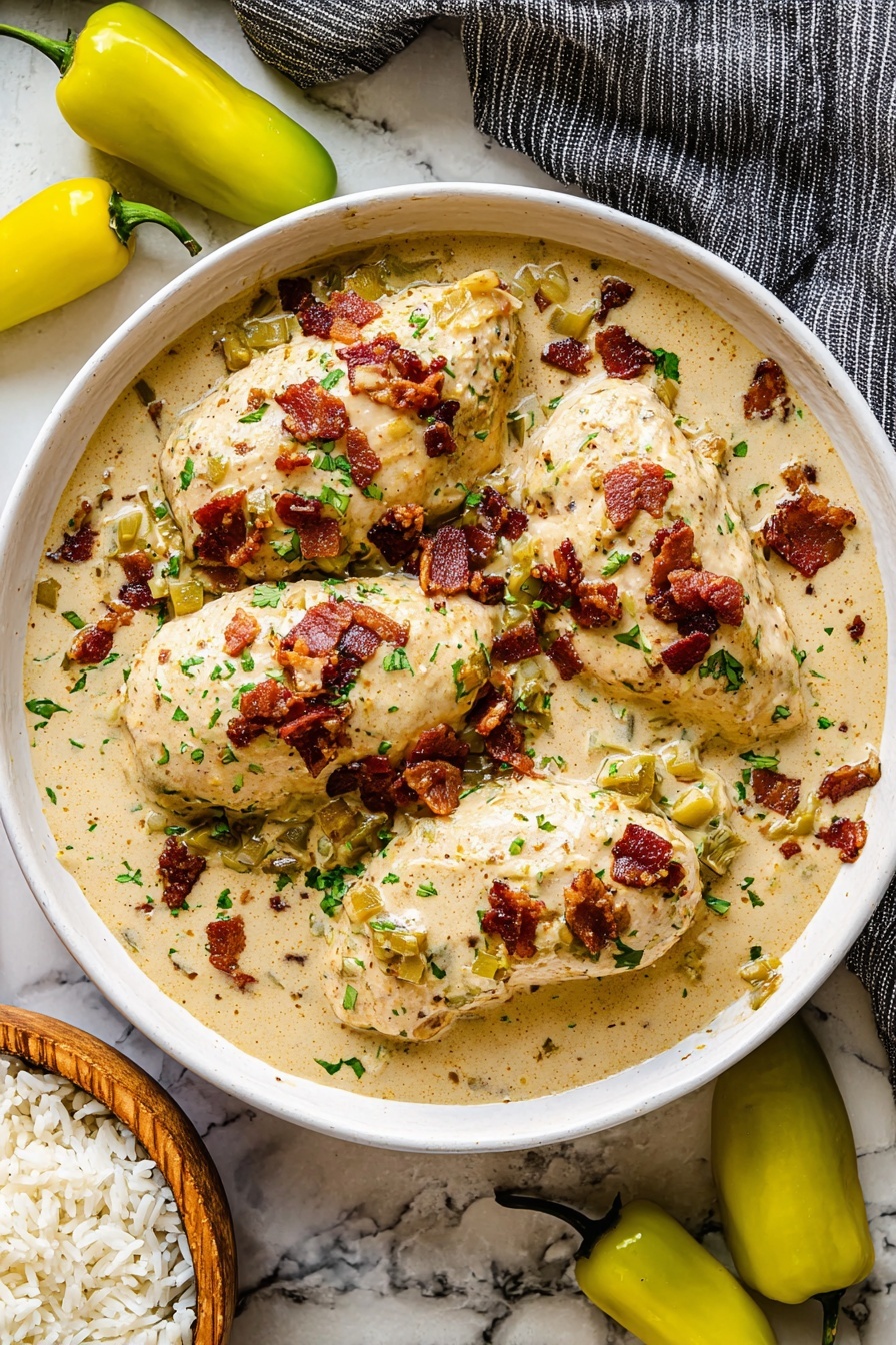 Creamy Pepperoncini Chicken Skillet Recipe 6 A white bowl filled with four cooked chicken pieces covered in a thick, creamy sauce that is light beige with green herb speckles throughout. The sauce coats the chicken and pools at the base, mixed with small chopped green peppers and crispy brown bacon bits scattered on top. Around the bowl, whole yellow-green peppers are placed on a white marbled surface. Part of a white bowl of white rice is visible at the bottom left, and a crumpled gray and white striped cloth rests partially in the top right corner. Photo taken with an iphone --ar 2:3 --v 7 - Creamy Pepperoncini Chicken Skillet, pepperoncini chicken recipe, easy chicken skillet dinner, tangy chicken recipe, one-pan chicken dish