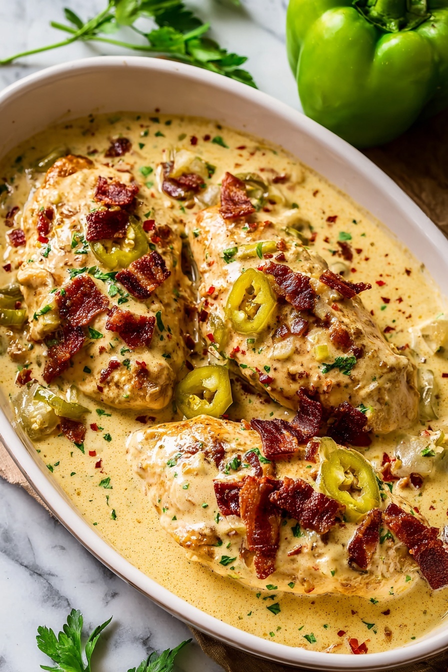 Creamy Pepperoncini Chicken Skillet Recipe 8 The image shows three chicken pieces in a white oval dish filled with creamy, pale yellow sauce that has a smooth, thick texture. The chicken pieces are partly covered by the sauce, which has small bits of green herbs and red spice scattered throughout. On top of the chicken, there are crispy dark brown bacon bits and bright green sliced peppers, adding color and texture contrast. The dish sits on a white marbled surface with a whole bright green pepper and some green herbs nearby, adding freshness to the scene. Photo taken with an iphone --ar 2:3 --v 7 - Creamy Pepperoncini Chicken Skillet, pepperoncini chicken recipe, easy chicken skillet dinner, tangy chicken recipe, one-pan chicken dish