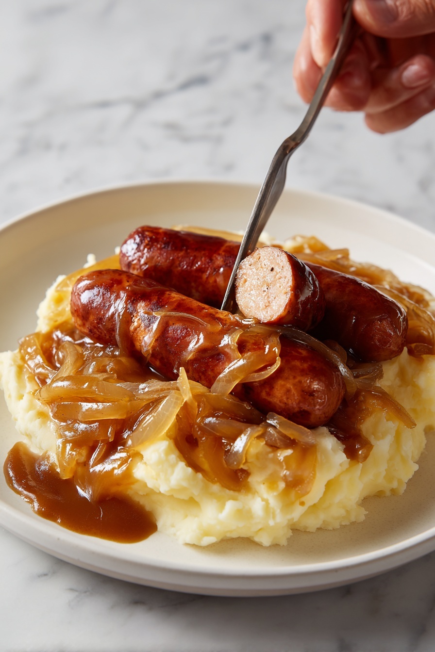 Stout Sausage with Onion Gravy and Mashed Potatoes Recipe 8 Stout Sausage with Onion Gravy and Mashed Potatoes Recipe - Serving