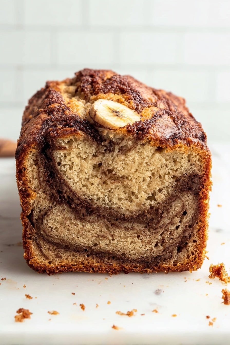 Cinnamon Banana Bread with Swirl Recipe 8 Two slices of cinnamon swirl banana bread with brown and light beige swirls lie on a white plate with a leaf pattern, placed on a white marbled surface. Behind, a loaf of the same bread with visible banana slices on top sits on a white marble board, showing layers of dark cinnamon and light bread. To the left, there is a glass of milk with a striped straw, a glass salt shaker, and a small bowl containing butter cubes. Two silver forks rest beside the plate, and three cinnamon sticks are arranged on the marble surface to the right. Photo taken with an iphone --ar 2:3 --v 7 - Cinnamon Banana Bread with Swirl, banana bread with cinnamon swirl, moist banana bread with cinnamon, easy cinnamon banana loaf, flavorful banana bread dessert