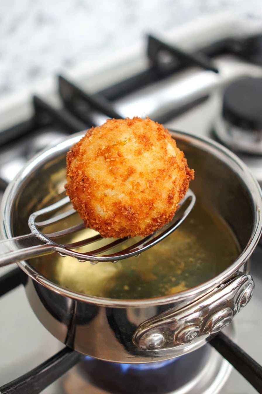 Homemade Scotch Eggs with Fresh Herbs Recipe 6 A golden brown round fried ball with a rough, crispy texture filled with small pieces on its surface is being lifted by a slotted metal spatula above a shiny metal pot filled with hot oil. The pot is on a gas stove with visible burner parts and a white marbled surface in the background. The fried ball has a crunchy, uneven outside layer that contrasts with the smooth oil surface in the pot. photo taken with an iphone --ar 2:3 --v 7 - Homemade Scotch Eggs with Fresh Herbs, Scotch Eggs recipe with herbs, how to make Scotch Eggs at home, savory Scotch Egg recipe, easy homemade Scotch Eggs