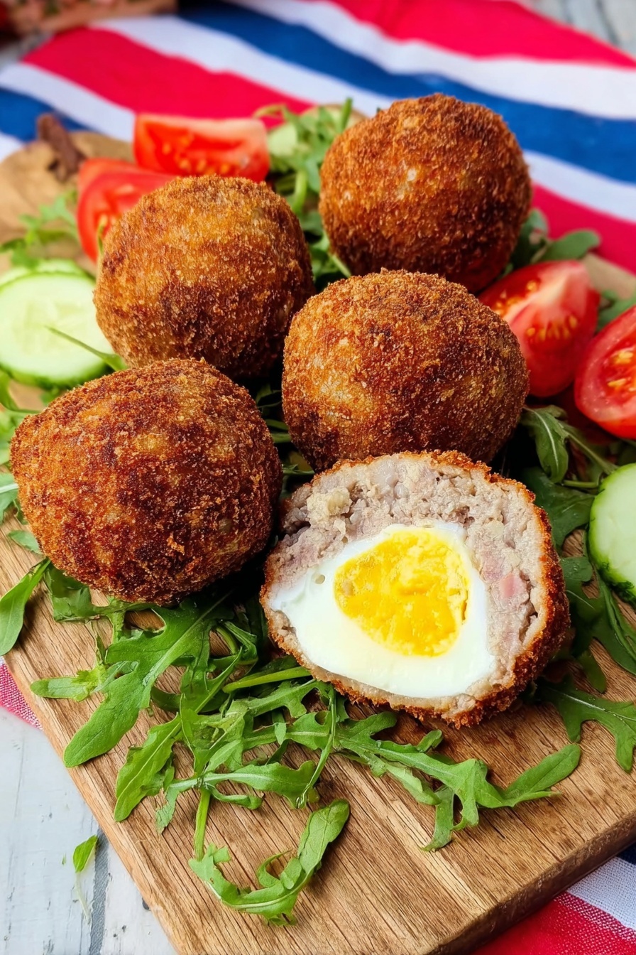 Homemade Scotch Eggs with Fresh Herbs Recipe 8 Four round fried balls with a crunchy light brown outside sit on a wooden board. One ball is cut in half, showing three layers inside: a smooth white and yellow centered boiled egg, a thick layer of beige minced meat around it, and a crispy brown crust covering all outside. Green leafy arugula, slices of red tomato, and pieces of pale green cucumber surround the balls. The board is placed over a white marbled surface with a red, white, and blue striped cloth in the background. photo taken with an iphone --ar 2:3 --v 7 - Homemade Scotch Eggs with Fresh Herbs, Scotch Eggs recipe with herbs, how to make Scotch Eggs at home, savory Scotch Egg recipe, easy homemade Scotch Eggs