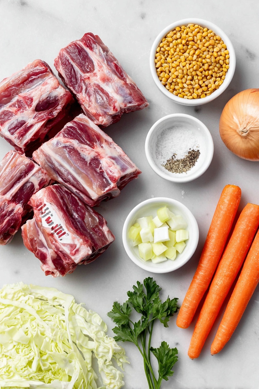 Hearty Scotch Broth with Lamb and Vegetables Recipe 7 Flat lay of fresh lamb neck bones with visible marbling and connective tissue, a small heap of pearl barley grains, a small white bowl filled with dried split peas, a medium whole onion with papery skin, two medium fresh carrots with bright orange color and green tops removed, a small diced rutabaga showing pale yellow flesh, a small leek sliced into rings with clean white and light green layers, a small mound of shredded Savoy cabbage with crinkled green leaves, a small white bowl containing coarse sea salt crystals, a small white bowl with freshly ground black pepper, and a few sprigs of fresh flat-leaf parsley arranged neatly, all placed on a clean white marble surface, soft natural light, photo taken with an iPhone, professional food photography style, fresh ingredients, white ceramic bowls, no bottles, no duplicates, no utensils, no packaging --ar 2:3 --v 7 --p m7354615311229779997 - Hearty Scotch Broth with Lamb and Vegetables, Scotch Broth recipe, lamb vegetable soup, traditional Scottish stew, nourishing lamb broth