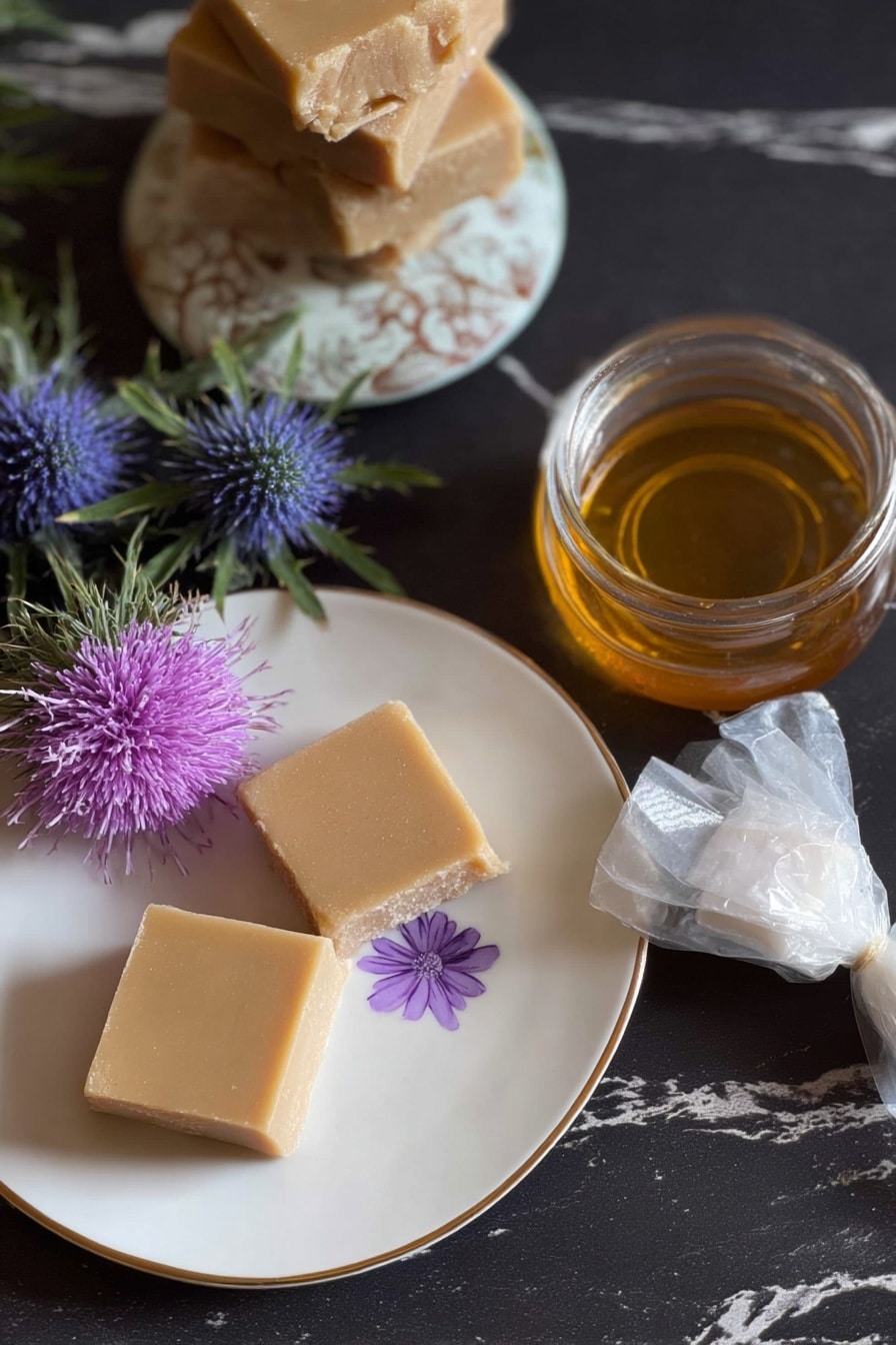 Authentic Scottish Tablet Recipe 8 A square-shaped light brown fudge piece sits on a white plate with a purple flower design at the center; next to the plate, there is a square glass container filled with golden honey, a wrapped candy with white paper, and three more fudge pieces stacked. On the top left corner, a blue thistle flower with purple petals and green spiky leaves lies on a dark surface, which is changed to a white marbled texture in the prompt. photo taken with an iphone --ar 2:3 --v 7 - Scottish Tablet, authentic Scottish Tablet, Scottish sweet treats, buttery Scottish candy, traditional Scottish confection