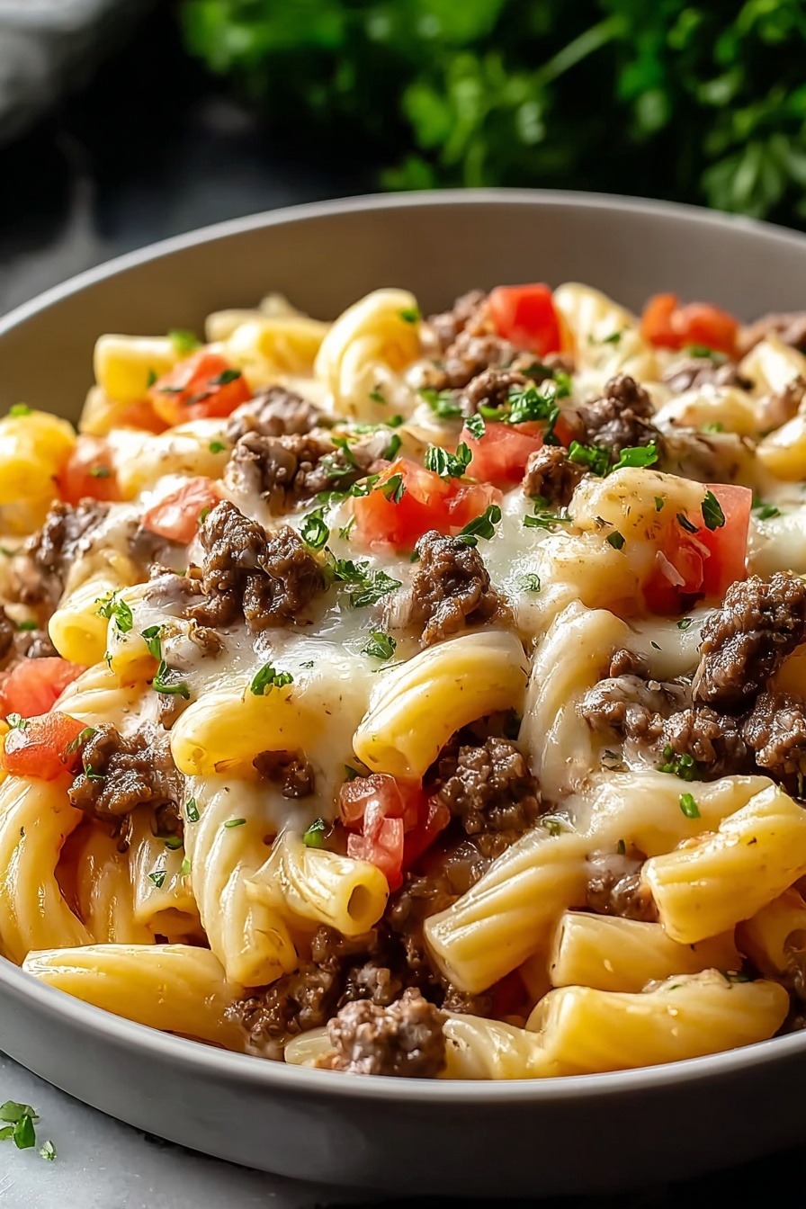 A close-up view of a white bowl filled with three layers: the bottom layer is short pasta tubes in a pale yellow color with a smooth texture, the middle layer shows ground beef pieces in a rich brown color scattered evenly, and the top layer consists of melted cheese in light cream color coating the pasta and beef, with small red tomato chunks and green herb bits sprinkled across for color contrast and freshness. The bowl sits on a white marbled surface with green blurred plants in the background, photo taken with an iphone --ar 2:3 --v 7 - Loaded Cheeseburger Alfredo Pasta, cheeseburger pasta recipe, easy cheesy burger pasta, creamy burger pasta dish, quick cheeseburger pasta