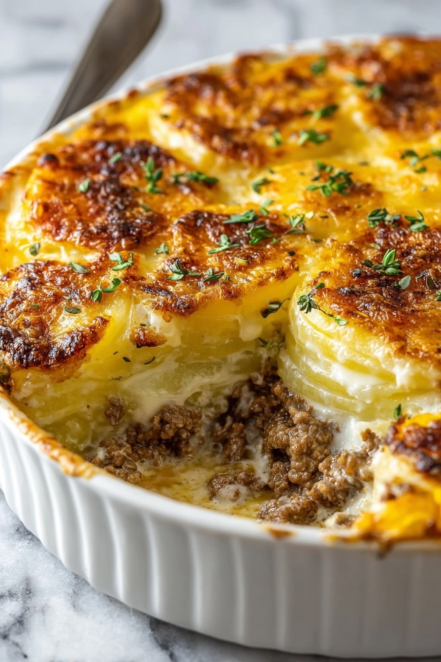 The dish shows a round white ceramic dish filled with a layered casserole that has been partially scooped out to reveal its contents. Starting from the bottom, there is a creamy sauce mixed with ground brown meat, followed by a thick layer of pale yellow sliced potatoes. Above the potatoes is another layer of cooked ground meat, then another layer of potatoes. The top is covered with a golden-brown cheesy crust that is crispy in some places, with small green herb leaves scattered over it. The background surface is a white marbled texture, and a woman's hand holding a serving utensil is partially visible. Photo taken with an iphone --ar 2:3 --v 7 - Cheesy Hamburger Potato Casserole, hearty beef potato bake, cheesy comfort food, one-pan casserole recipe, family-friendly dinner ideas