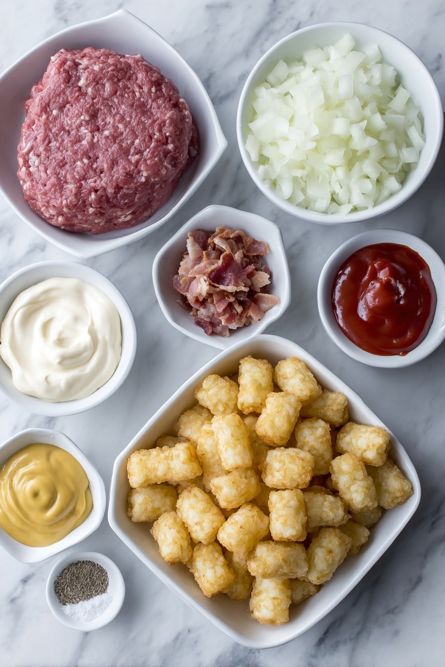 Bacon Cheeseburger Tater Tot Casserole Recipe 7 Flat lay of fresh raw lean ground beef patty, a small white ceramic bowl of diced yellow onion, a small white ceramic bowl filled with real crispy bacon bits, a small white ceramic bowl of creamy mayonnaise, a small white ceramic bowl of bright red ketchup, a small white ceramic bowl of smooth yellow mustard, a small white ceramic bowl of fine white salt, a small white ceramic bowl of cracked black peppercorns, a small white ceramic bowl of pale onion powder, a small white ceramic bowl of light garlic powder, a simple pile of shredded mozzarella and cheddar cheese blend, and a neat layer of golden frozen tater tots arranged symmetrically, placed on a clean white marble surface, soft natural light, photo taken with an iPhone, professional food photography style, fresh ingredients, white ceramic bowls, no bottles, no duplicates, no utensils, no packaging --ar 2:3 --v 7 --p m7354615311229779997 - Bacon Cheeseburger Tater Tot Casserole, bacon cheeseburger casserole, tater tot casserole recipes, cheesy burger casserole, easy comfort food recipes