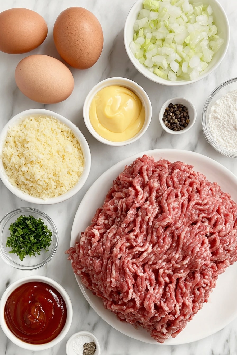 Classic Meatloaf with BBQ Sauce Recipe 7 Flat lay of a mound of fresh lean ground beef, a small white ceramic bowl filled with Italian breadcrumbs, two whole brown eggs with clean shells, a simple white bowl holding diced fresh onion, a small white bowl of finely chopped fresh parsley, a small white bowl containing vibrant red BBQ sauce, a small white bowl with bright red ketchup, a small white bowl with golden brown sugar crystals, a small white bowl of smooth yellow mustard, a small white bowl with coarse salt, a small white bowl holding cracked black peppercorns, and a small white bowl with finely ground garlic powder, all arranged in perfect symmetry on a clean white marble surface, soft natural light, photo taken with an iPhone, professional food photography style, fresh ingredients, white ceramic bowls, no bottles, no duplicates, no utensils, no packaging --ar 2:3 --v 7 --p m7354615311229779997 - Classic Meatloaf with BBQ Sauce, meatloaf with BBQ glaze, hearty meatloaf recipe, easy meatloaf dinner, flavorful meatloaf with sauce