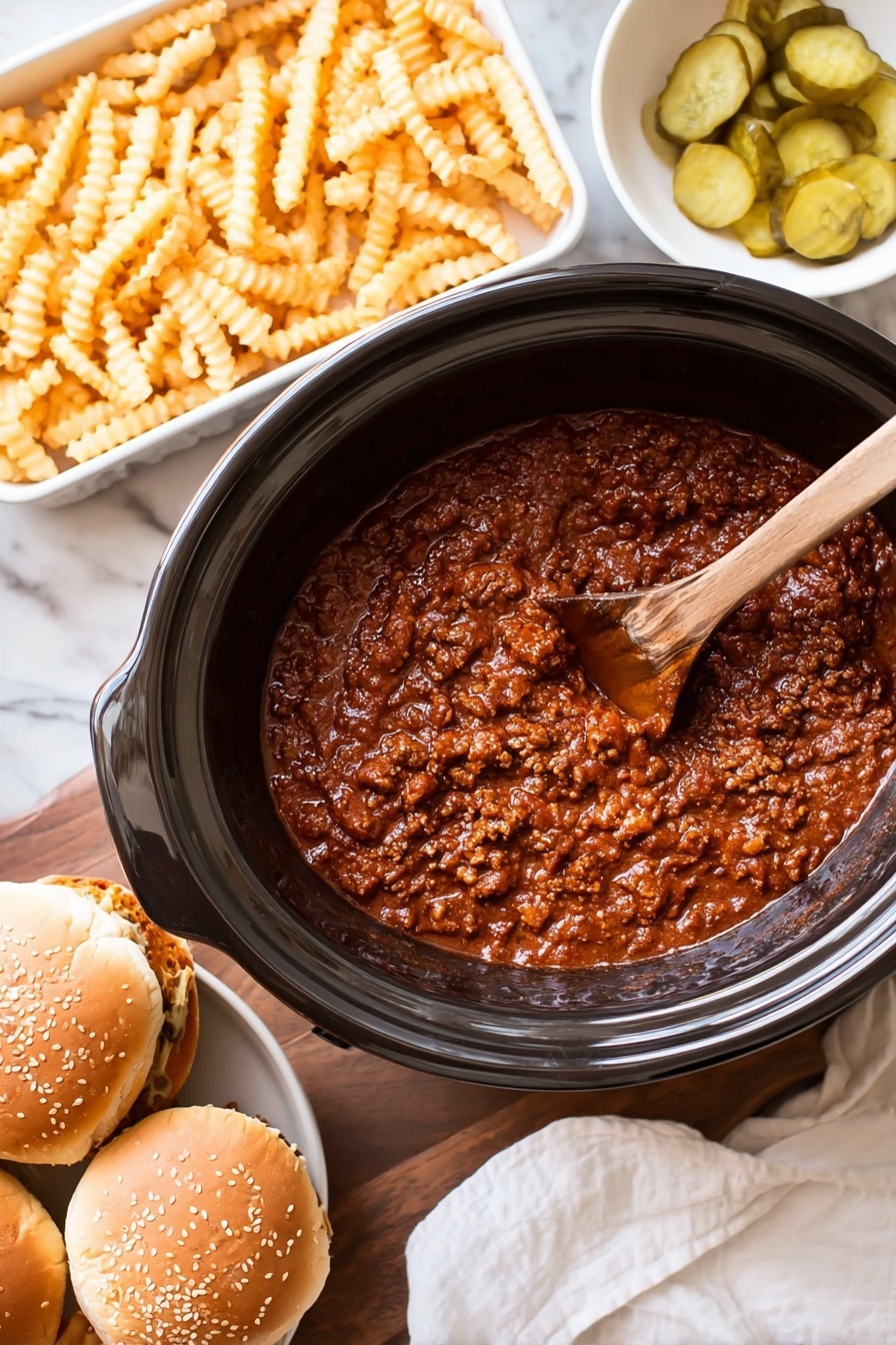 The image shows a black slow cooker filled with rich, chunky, reddish-brown chili with visible bits of ground meat and sauce, stirred slightly by a wooden spoon resting inside it. To the left, there is a white tray full of crinkle-cut golden-yellow fries. On the right side, there is a white bowl with sliced pickles, showing light green and yellow colors, and below it, a white plate with three sesame seed burger buns stacked closely. The setting is on a wood surface with a white cloth nearby, all placed on a white marbled texture background. Photo taken with an iphone --ar 2:3 --v 7 - Slow Cooker Sloppy Joes, easy sloppy joe recipe, crockpot sloppy joes, tender beef sloppy joes, crowd-pleasing dinner recipes