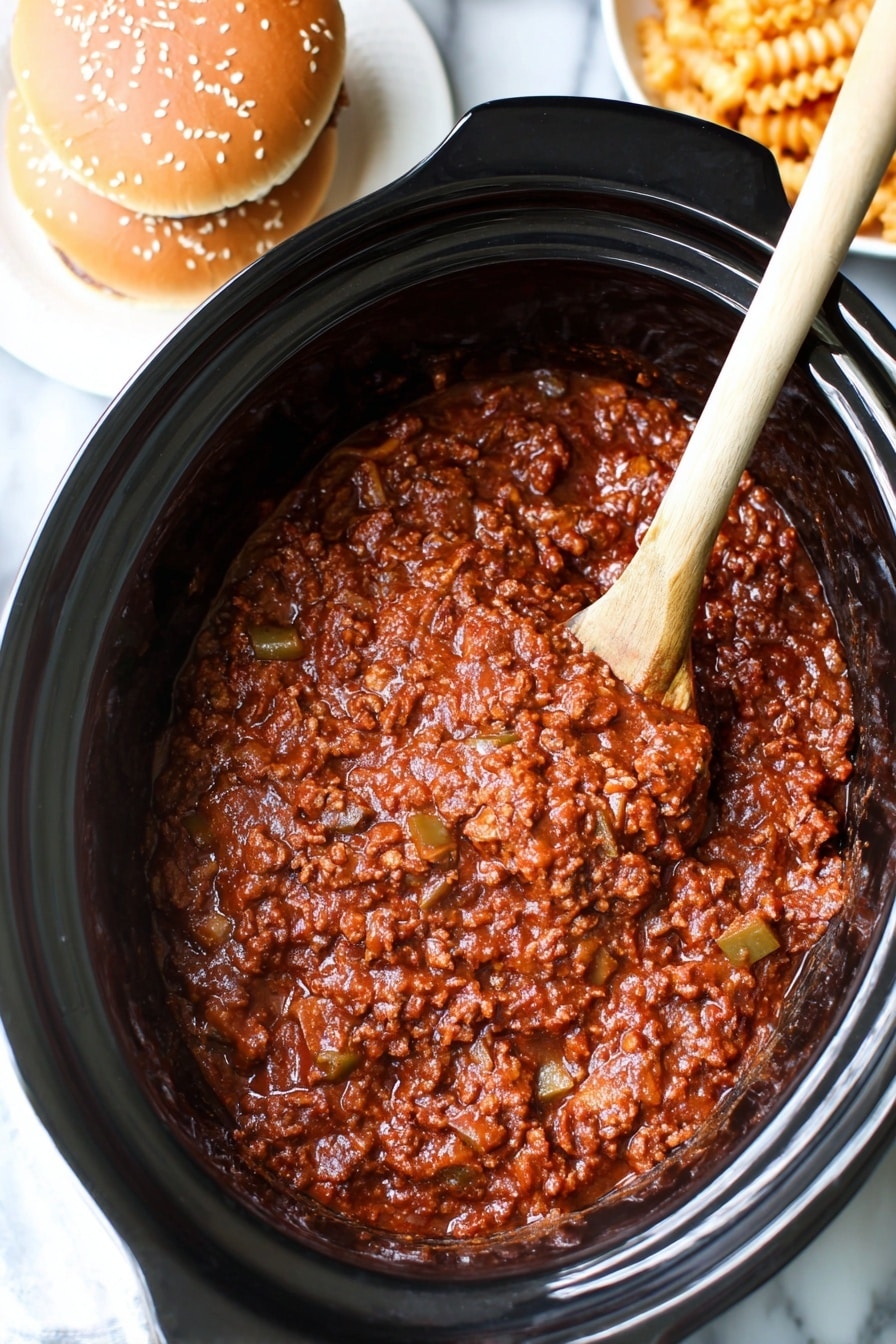Slow Cooker Sloppy Joes Recipe 8 The image shows a close-up view of a black slow cooker filled with thick chili, having a rich red-brown color with visible chunks of ground meat, onions, and green peppers mixed throughout. A wooden spoon is partially dipped in the chili, resting against the side of the cooker. In the upper left corner, two sesame seed hamburger buns sit stacked on a white plate, and in the upper right corner, a small portion of crinkle-cut fries is visible on a white plate. The whole scene sits on a white marbled textured surface. Photo taken with an iphone --ar 2:3 --v 7 - Slow Cooker Sloppy Joes, easy sloppy joe recipe, crockpot sloppy joes, tender beef sloppy joes, crowd-pleasing dinner recipes