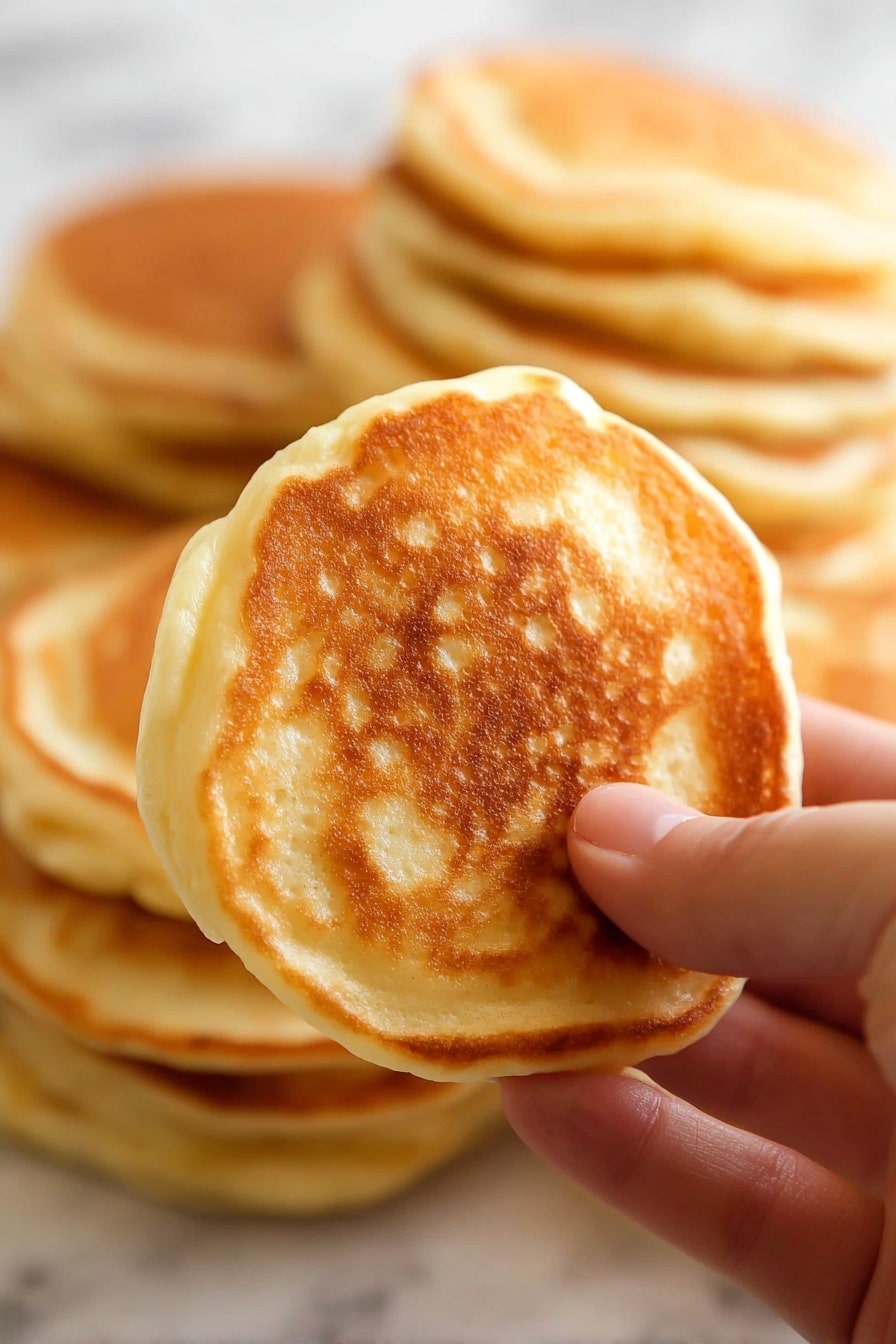 A close-up view of a woman’s hand holding a single golden brown pancake with a slightly crispy edge and soft, fluffy texture inside. In the background, a stack of similar pancakes is slightly out of focus, all showing a warm golden surface with soft bubbles on the sides. The entire scene is set on a white marbled surface. photo taken with an iphone --ar 2:3 --v 7 - Fluffy Pancake Vanilla, Fluffy Pancake Recipe, Vanilla Pancakes, Breakfast Pancakes, Easy Pancake Recipe
