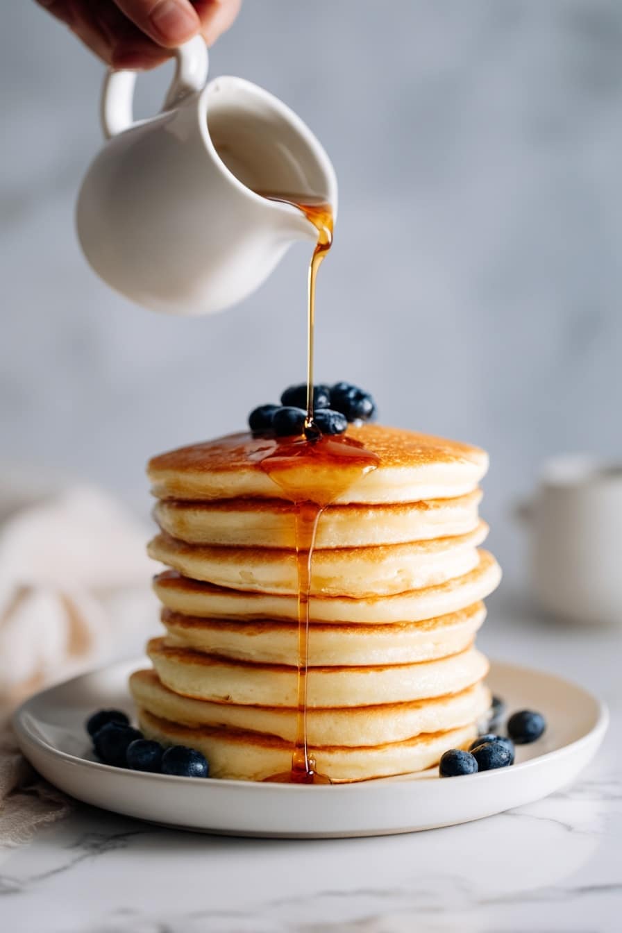 A stack of about five golden brown pancakes sits in the center of a white plate, with syrup pooling around the base and dripping down the sides. On top of the stack are three fresh, plump blueberries, and more blueberries are scattered around the pancakes on the plate and wooden table. A woman's hand is holding a fork lifting a bite-sized piece of pancake, showing the soft, fluffy inside texture. The background includes a blurred pitcher and a small container of blueberries on a white marbled surface. Photo taken with an iphone --ar 2:3 --v 7 - Vegan Pancake, vegan pancake recipe, fluffy vegan pancakes, plant-based breakfast, easy vegan pancake