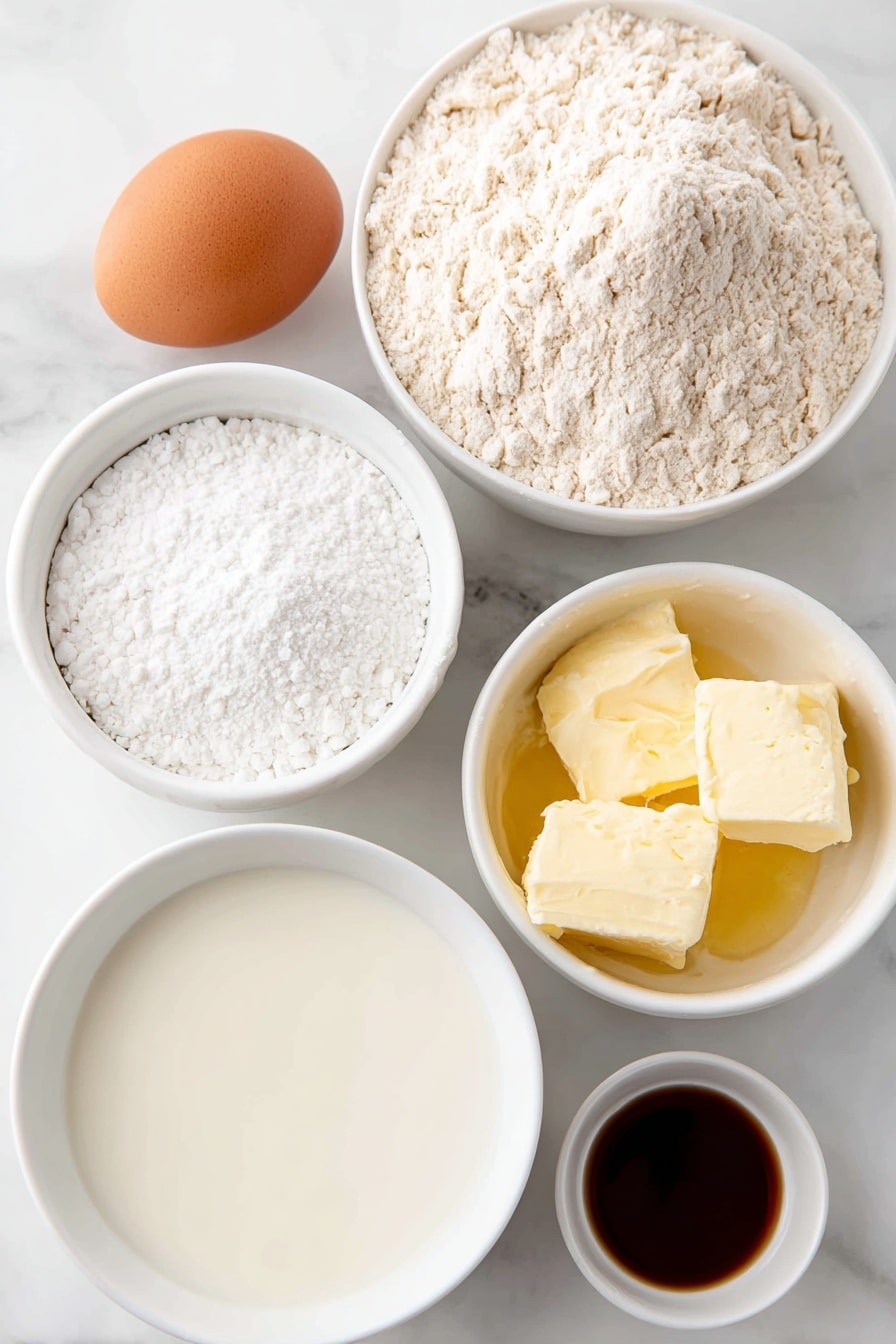 Easy Homemade Pancake Recipe 7 Flat lay of a small mound of pale all-purpose flour, a small heap of white granulated sugar, a small pile of fine white baking powder, a tiny pinch of salt crystals, a smooth brown egg with clean shell, a small white ceramic bowl filled with creamy milk, a small white ceramic bowl holding melted golden butter, a small white ceramic bowl with clear vanilla extract, all arranged in perfect symmetry, placed on a clean white marble surface, soft natural light, photo taken with an iPhone, professional food photography style, fresh ingredients, white ceramic bowls, no bottles, no duplicates, no utensils, no packaging --ar 2:3 --v 7 --p m7354615311229779997 - Easy Homemade Pancake, homemade pancake recipe, fluffy pancake recipe, simple breakfast pancakes, beginner pancake recipe