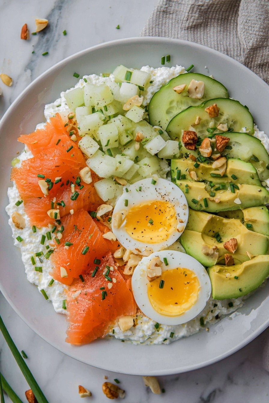 A round white plate holds a dish with four main layers arranged side by side on a bed of white cottage cheese. Starting from the left, thin slices of bright orange smoked salmon are garnished with small green chive pieces and chopped nuts. Next to the salmon, there is a pile of small, light green cucumber cubes sprinkled with more chives and nuts. In the center, two halves of a boiled egg with bright yellow yolks face up, dotted with chives and a bit of black pepper. On the right side, thin slices of creamy, green avocado lay in neat rows, topped with chopped nuts, chives, and a light drizzle of olive oil. The plate sits on a white marbled surface with some scattered chive pieces and nut bits around it. photo taken with an iphone --ar 2:3 --v 7 - Smoked Salmon and Cottage Cheese Salad, smoked salmon salad, quick healthy salads, creamy smoked salmon dish, easy seafood salad