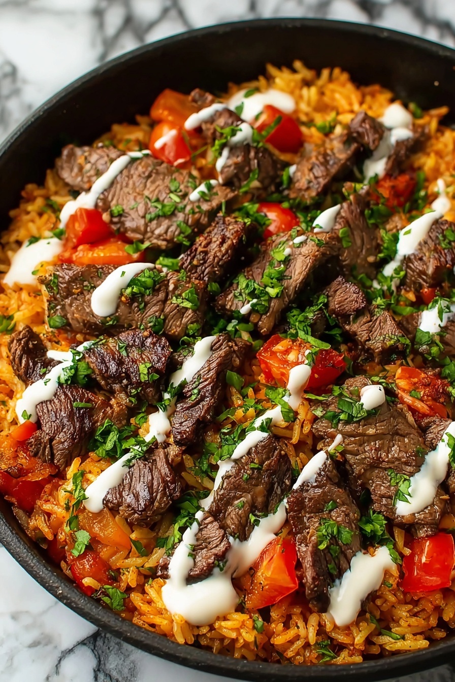The dish shows a dark pan filled with a base layer of orange-colored rice mixed with small pieces of bright red tomatoes. On top, there are many small, thick slices of brown cooked beef with a slightly crisp texture. Thin drizzles of light white sauce are spread in lines across the surface. Finally, the dish is sprinkled with fresh, bright green chopped herbs, adding a pop of color. The background has a white marbled texture photo taken with an iphone --ar 2:3 --v 7 - Creamy Steak Queso Rice Bowl, steak queso rice bowl, cheesy steak rice recipe, quick creamy rice bowl, easy steak dinner recipes