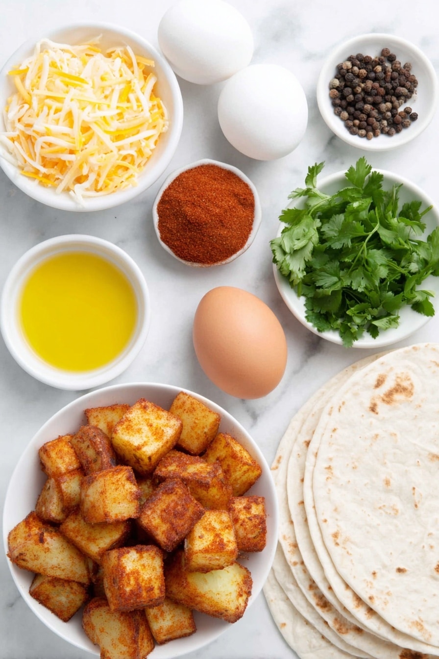 Chorizo Breakfast Burrito Recipe 7 Flat lay of roasted cubed petite red and Yukon gold potatoes with golden crispy edges, a small white bowl of rich orange olive oil, a small white bowl filled with bright red smoked paprika powder, another small white bowl containing fine white kosher salt, a few whole black peppercorns scattered neatly, a fresh uncracked brown egg and a fresh uncracked white egg side by side, raw Mexican chorizo sausage links with a deep reddish-brown color, a small white bowl overflowing with shredded sharp cheddar cheese in bright orange, another small white bowl heaping with shredded creamy white Monterey Jack cheese, six soft, warm burrito-sized white flour tortillas stacked evenly, and a small white bowl filled with freshly chopped vibrant green parsley and cilantro leaves placed on a clean white marble surface, soft natural light, photo taken with an iPhone, professional food photography style, fresh ingredients, white ceramic bowls, no bottles, no duplicates, no utensils, no packaging --ar 2:3 --v 7 --p m7354615311229779997 - Chorizo Breakfast Burrito, breakfast burrito recipe, spicy breakfast recipes, easy breakfast ideas, savory brunch recipes