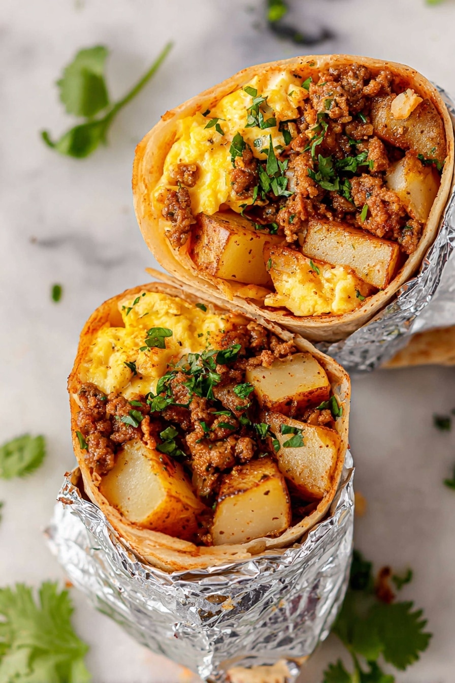 Chorizo Breakfast Burrito Recipe 6 Two breakfast burritos are shown, both wrapped in soft light brown tortillas partially covered in foil. Inside each burrito, there are three layers: the bottom layer has golden-brown roasted potato chunks with crispy edges, the middle layer contains scrambled eggs that are yellow and slightly soft, and the top layer includes cooked ground sausage that is brown and crumbly. The filling is sprinkled with green chopped cilantro leaves for a fresh touch. The burritos sit on a white marbled surface with bits of cilantro around them. Photo taken with an iphone --ar 2:3 --v 7 - Chorizo Breakfast Burrito, breakfast burrito recipe, spicy breakfast recipes, easy breakfast ideas, savory brunch recipes