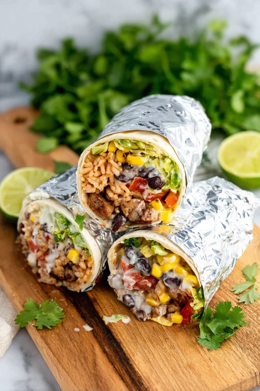 Vegan Black Bean Burrito Recipe 8 Three burritos wrapped in shiny silver foil are placed on a wooden board with a white marbled background. Two burritos are cut in half, showing many colorful layers inside: soft tortilla wraps on the outside, followed by layers of brown rice, black beans, yellow corn, red diced tomatoes, green lettuce, and a creamy white sauce mixed with small chunks of grilled meat and spices. Behind the burritos, there are fresh green cilantro leaves and lime halves adding a fresh touch to the image. The scene looks bright and fresh, focused on the detailed textures and colors of the fillings. photo taken with an iphone --ar 2:3 --v 7 - Vegan Black Bean Burrito, vegan burrito recipe, vegetarian burritos, healthy black bean burrito, easy vegan meal