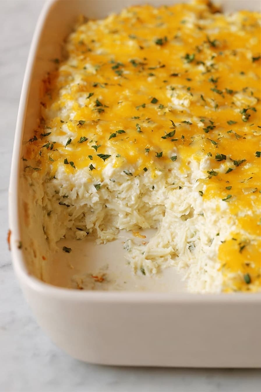 A white baking dish holds a layered casserole with a top layer of melted yellow cheese sprinkled with small green herb pieces. Below the cheese, a thick white creamy layer with a slightly rough texture is visible, indicating a soft base made of shredded or mashed ingredients. A portion has been scooped out, showing the same textured white layer underneath the cheese, slightly crumbly around the scoop mark. The dish is placed on a white marbled surface, and the edges of the dish are clean with some small bits of the casserole stuck around the inside. Photo taken with an iphone --ar 2:3 --v 7 - Green Chili Rice Casserole, easy casserole recipes, cheesy rice bake, comfort food recipes, quick weeknight dinners