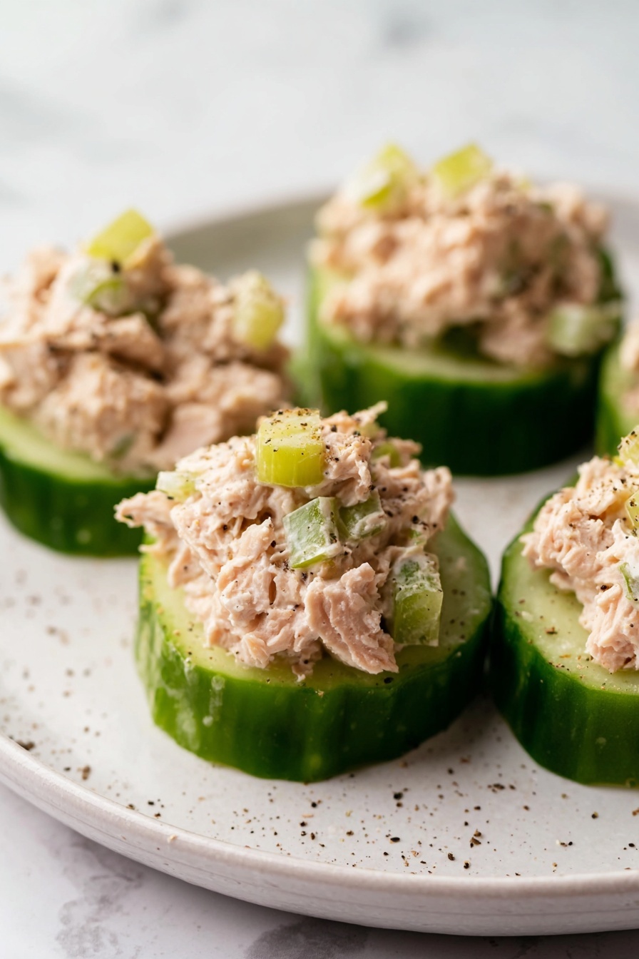 The image shows a close-up of a food dish with four cucumber rounds as the base layer, each cucumber slice bright green with visible skin and seeds. On top of each cucumber slice, there is a creamy, pale pink tuna salad mixture with small chunks and bits of light green celery mixed throughout, giving a textured and slightly chunky look. The tuna salad sits generously on each cucumber round. The dish is arranged on a round white plate with small specks of black pepper scattered softly on the plate and food. The background is a white marbled texture. photo taken with an iphone --ar 2:3 --v 7 - Spicy Tuna Salad, Tuna Salad Recipe, Healthy Tuna Salad, Easy Tuna Salad, Spicy Seafood Salad