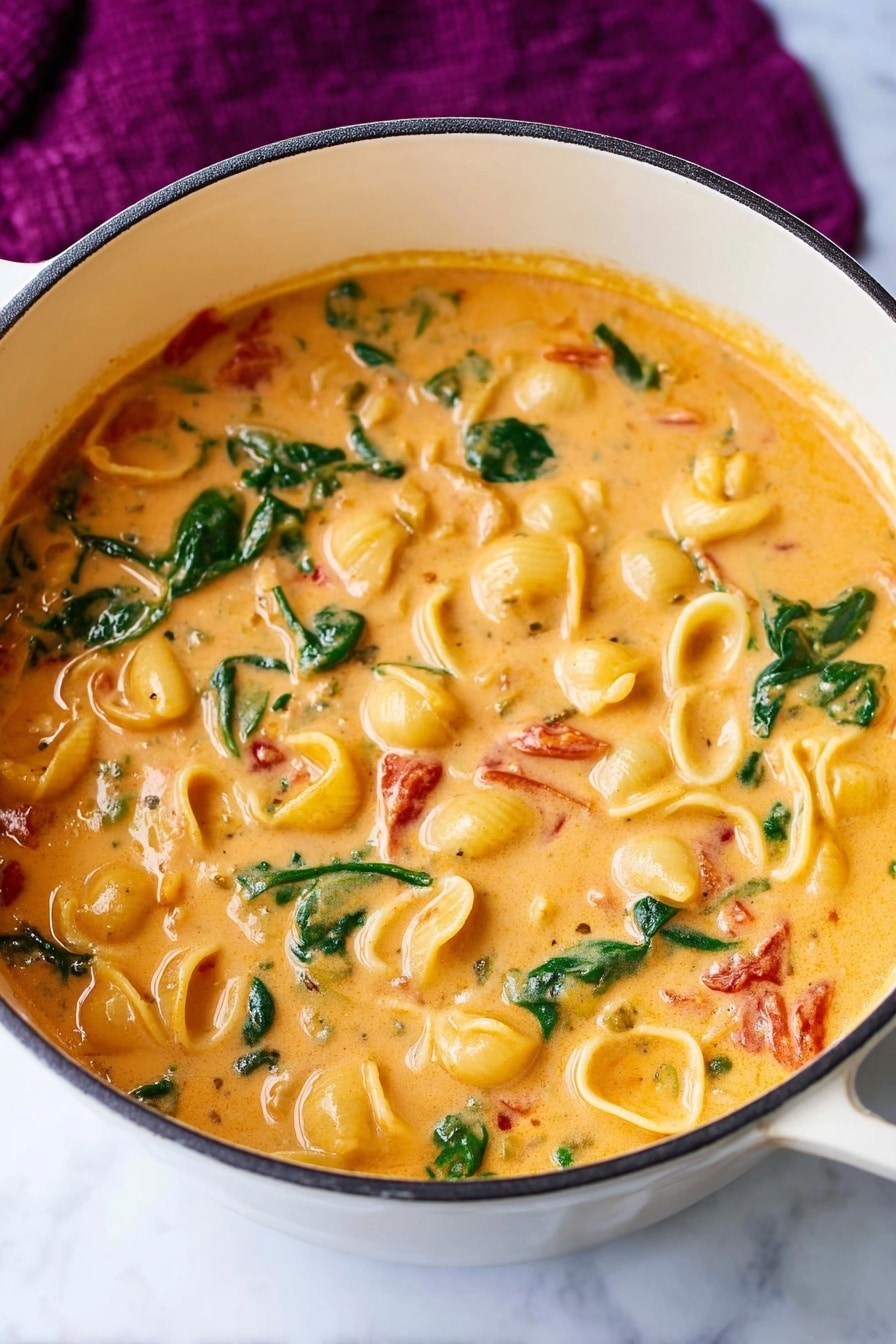 A white deep pot filled with creamy orange soup that has a thick, smooth texture with visible layers of small pasta shells, green spinach leaves, and red tomato pieces scattered evenly throughout. The soup looks rich and mixed well, with the colors of the pasta, vegetables, and sauce blending naturally. The pot sits on a white marbled surface with a purple cloth slightly blurred in the background. photo taken with an iphone --ar 2:3 --v 7 - Creamy Tuscan Chicken Soup, Tuscan chicken soup recipe, comforting chicken soup, creamy chicken soup with spinach, easy Tuscan soup