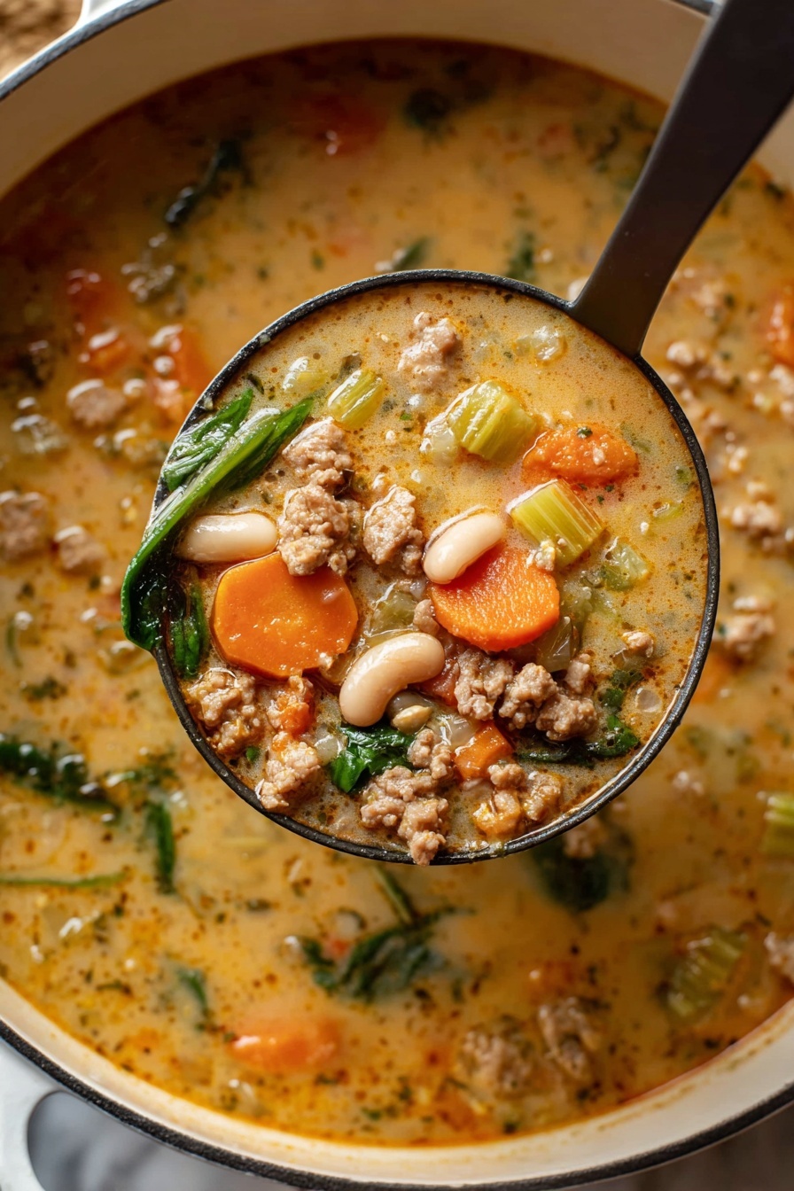 Tuscan White Bean Soup with Sausage Recipe 8 This image shows a close-up of a ladle full of thick soup scooped from a large white pot, resting on a white marbled surface. The soup has many layers and textures: at the top, there are large slices of bright orange carrot and chunks of light green celery. Light beige beans and ground meat pieces are scattered through the soup, which has a creamy, slightly orange broth with small green spinach leaves adding color. The soup looks warm and rich, with a mix of smooth broth and chunky vegetables and meat photo taken with an iphone --ar 2:3 --v 7 - Tuscan White Bean Soup with Sausage, hearty bean and sausage soup, Italian white bean soup, comforting sausage and bean stew, Tuscan-inspired soup