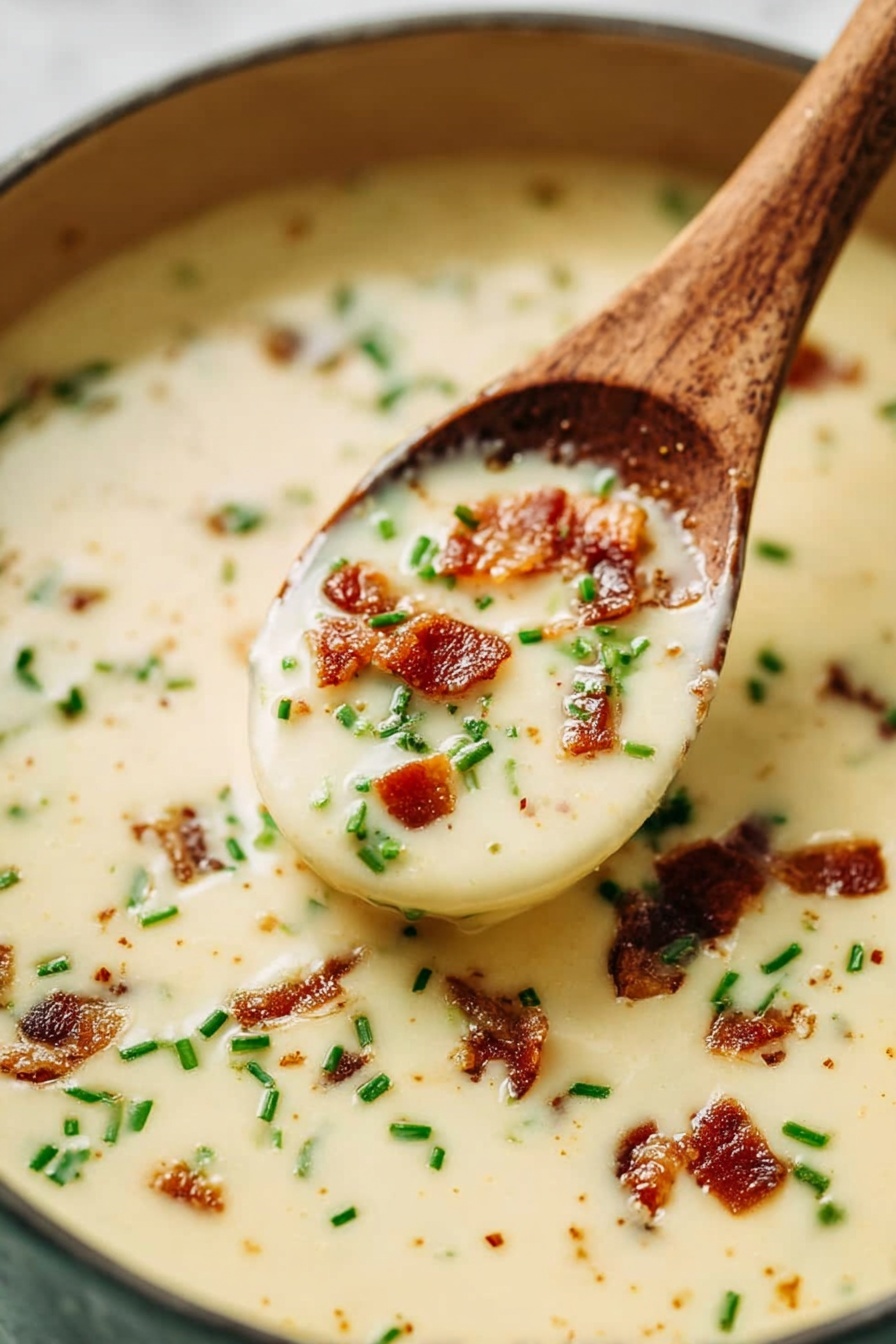 Creamy Baked Potato Soup with Bacon Recipe 6 A close-up image shows a creamy pale yellow soup with small green chives and crispy brown bacon pieces floating on the surface. A wooden spoon lifts some soup, highlighting the smooth texture mixed with crunchy bacon bits and scattered chives. The background is a white marbled surface. photo taken with an iphone --ar 2:3 --v 7 - Creamy Baked Potato Soup with Bacon, baked potato soup recipe, comforting potato soup, easy potato soup recipe, hearty bacon potato soup