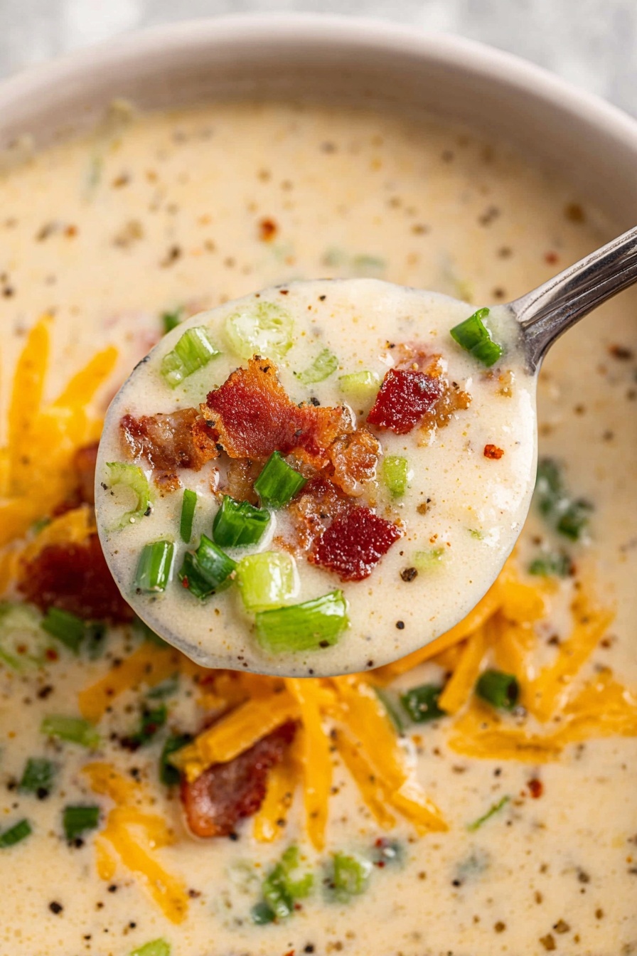 A close-up view of a creamy soup held by a white spoon above a bowl with a white marbled texture background. The soup has a thick, light beige base with visible black pepper specks spread throughout. On top of the soup and within the spoon are several colorful layers: bright green chopped scallions, small crispy reddish-brown bacon pieces, and shredded orange-yellow cheddar cheese. The ingredients are distributed evenly, giving the soup a rich and textured look. photo taken with an iphone --ar 2:3 --v 7 - Creamy Crockpot Potato Soup, easy comfort food, hearty slow cooker soup, indulgent potato recipes, make-ahead soups